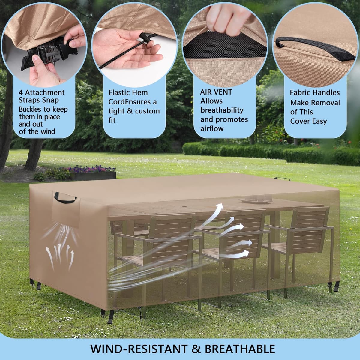 Funda para Muebles de Jardín Exterior, Funda Mesa Exterior Impermeable, Tela Oxford 420D, Anti Viento, Anti UV Funda Protectora Mesa Exterior con Salidas de Aire,Caqui,220x100x75 cm — view 5