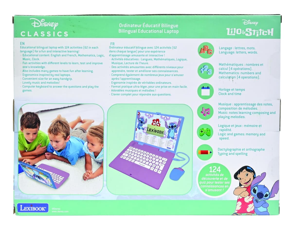 Lexibook, Disney Stitch, Ordenador Educativo bilingüe en inglés/español, 124 Actividades de lenguaje, Escritura, matemáticas, lógica, música y Juegos, para niños y niñas, JC598Di2 — view 10