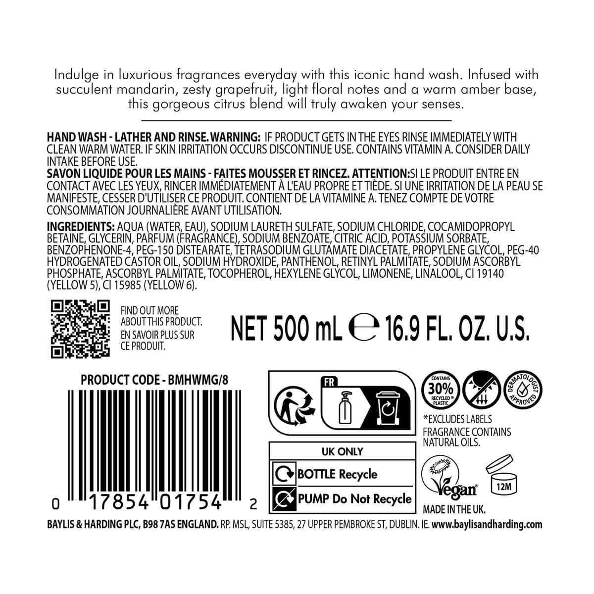Baylis & Harding Sweet Mandarin and Grapefruit Hand Wash, 500 ml (Pack of 3) - Vegan Friendly — view 8
