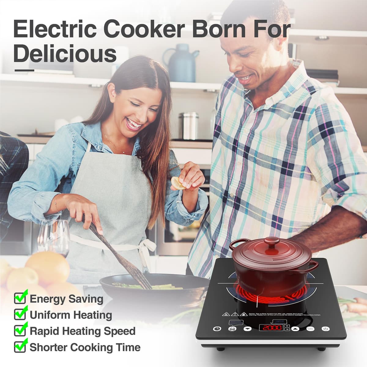 VBGK Portable Ceramic Hob 2000W, Pulg in Electric Ceramic Hob, Single Electric Hob with 4-Hour Timer, 10 Power Levels, Safety Lock & Sensor Touch, Residual heat Remind, 220V-240V — view 3