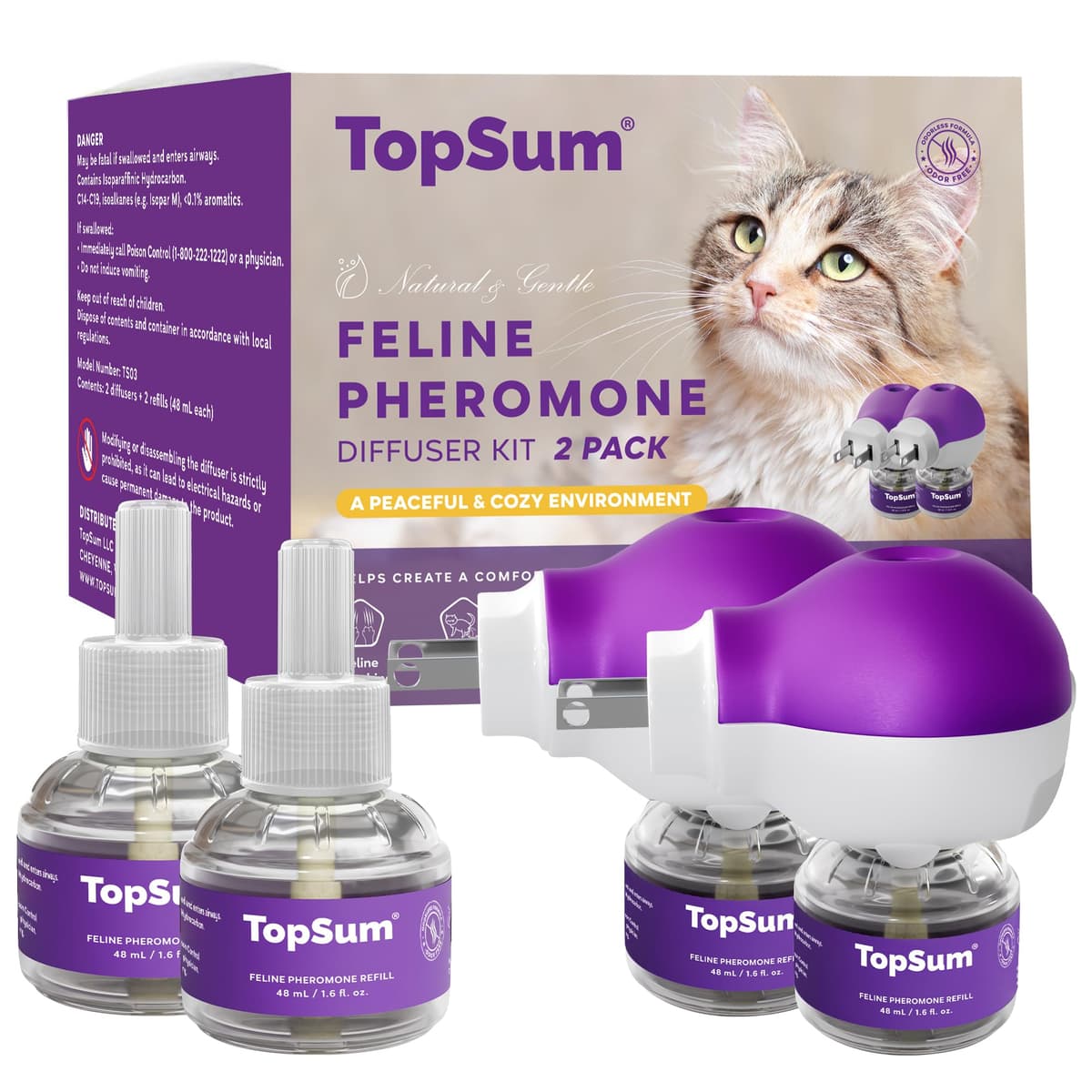 TopSum Cat Calming Pheromone Diffuser: Feline Pheromones Plug in for Stress, Along At Home, Spraying, Fighting, Scratching, Aggression & Excessive Meowing (Purple)