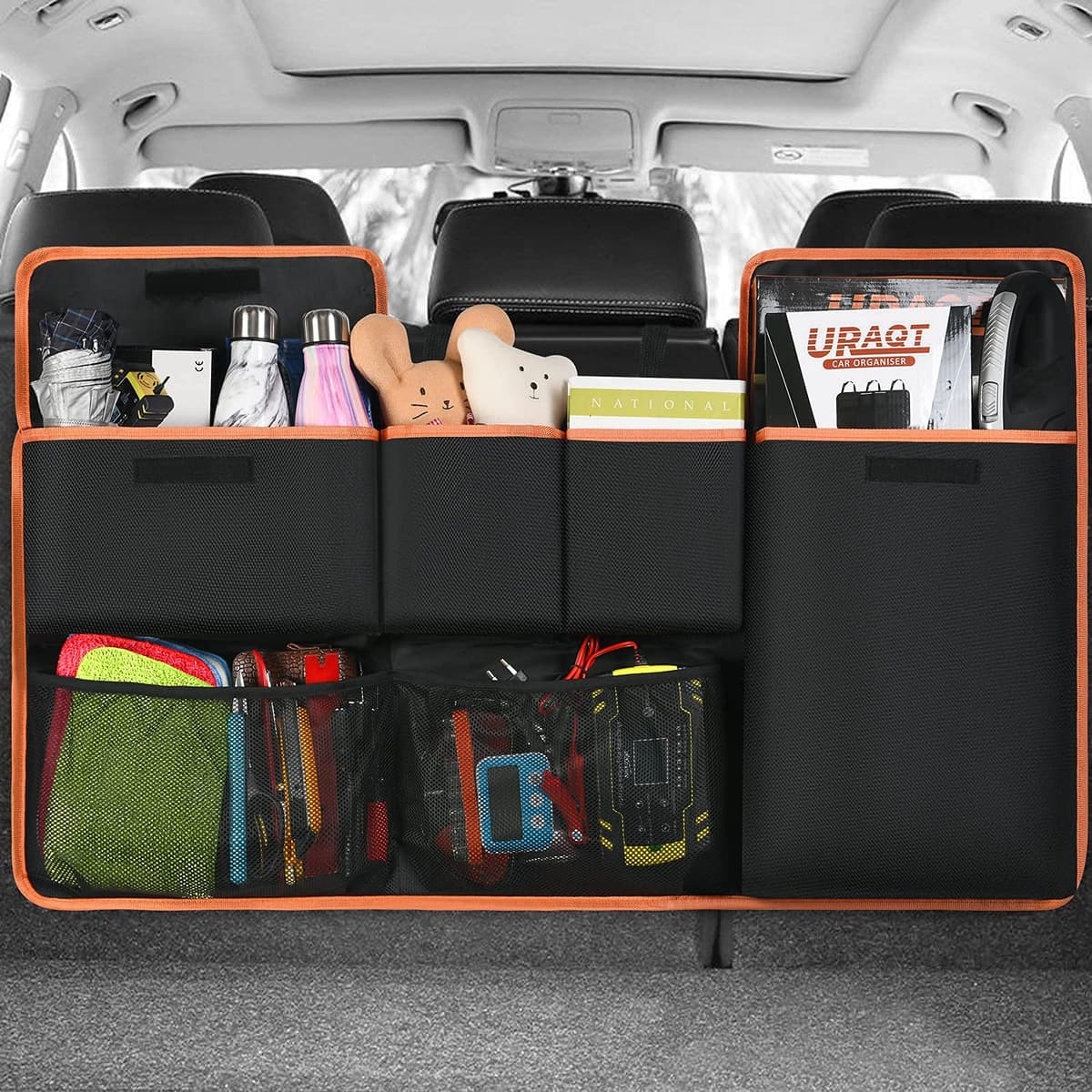 URAQT Car Boot Organiser Waterproof Kick Mats Car Organiser Seat Back Protectors, Multi-Pocket Children's Travel Storage, Durable Foldable Cargo Net Storage for Car Backseat Cover — view 9