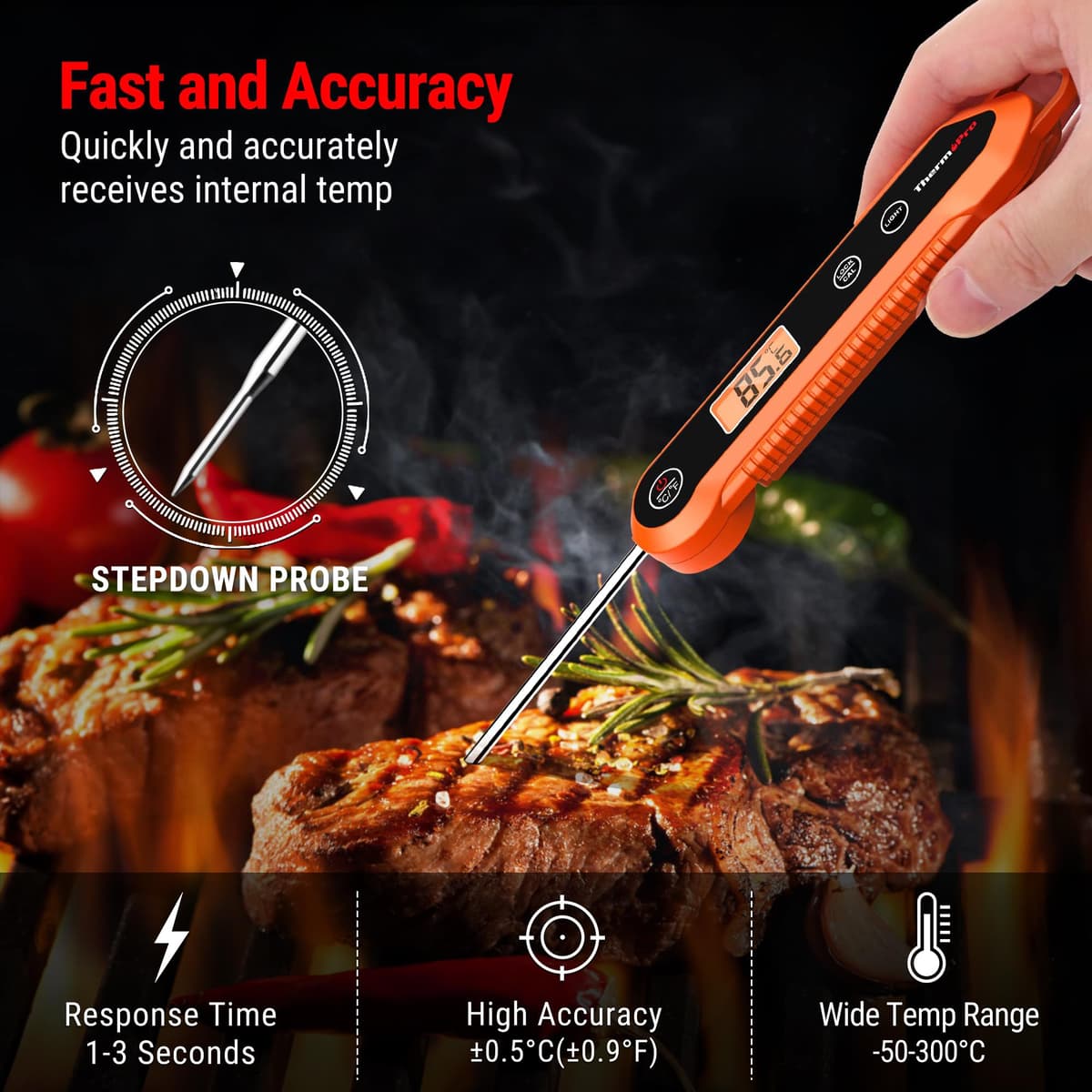 ThermoPro TP03H Meat Thermometer with IPX6 Waterproof, Food Thermometer Foldable Food Temperature Probe with LCD Backlight Calibration Lock Fuction, Kitchen Digital Instant Read Probe for Oil Jam Milk — view 2