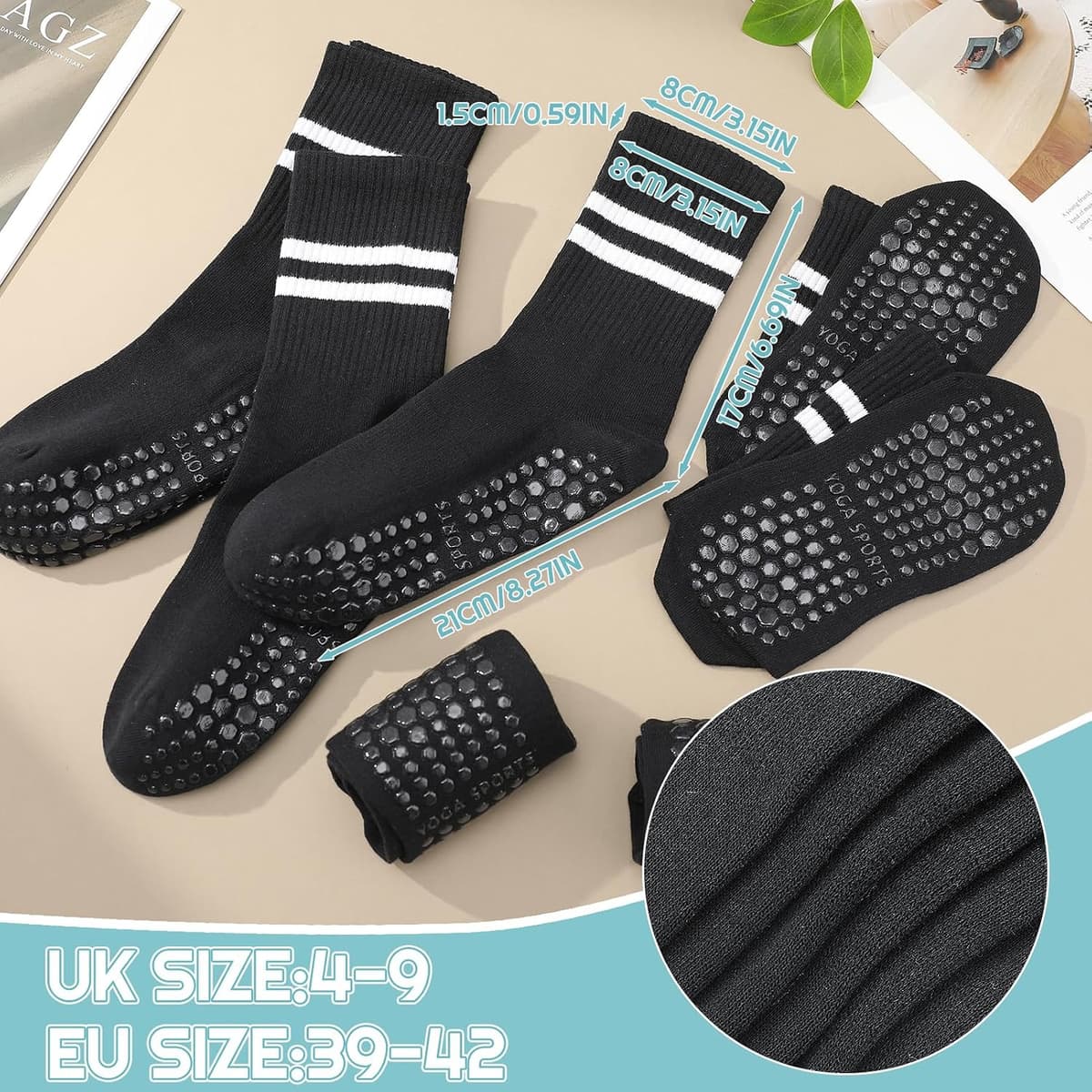Yoga Grip Socks Women, Non Slip Pilates Socks Grippy Socks Ladies Mid-Calf Grip Socks Breathable Cotton Socks for Ballet, Dance, Workout, Fitness, Running 38-42 black 6 — view 3