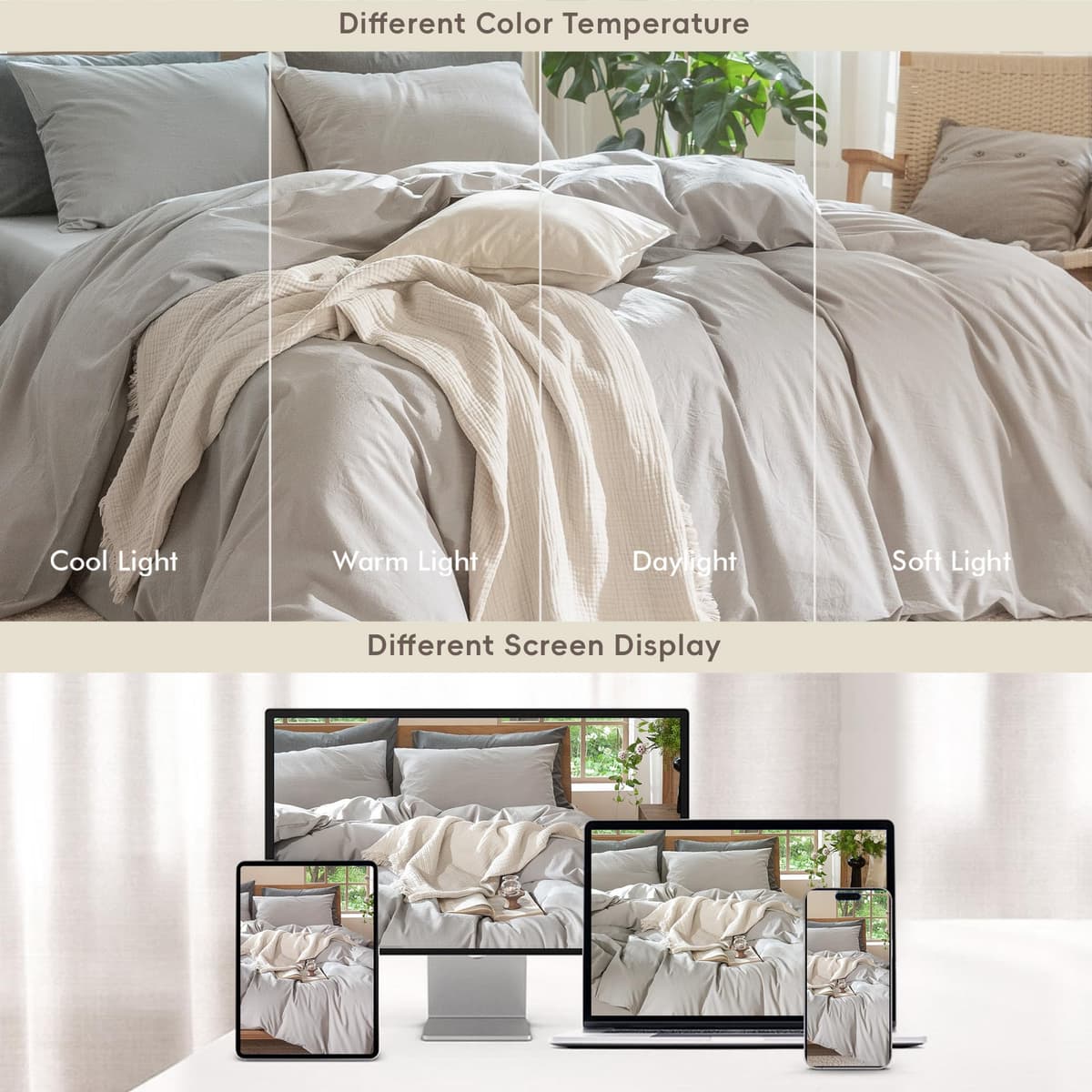 MooMee Bedding Duvet Cover Set 100% Washed Cotton Linen Like Textured Breathable Durable Soft Comfy (Tannish Linen Grey, King) — view 222
