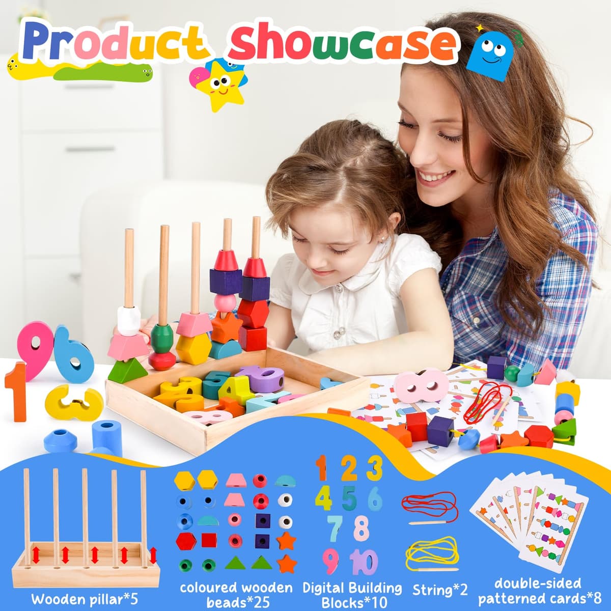 Wooden Montessori Toys Educational Games,4 in 1 Montessori Stacking and Threading Wooden Games,Educational Games Children 2 3 4 Years,Gifts for Boys Girls 1 2 3 Years Old — view 2