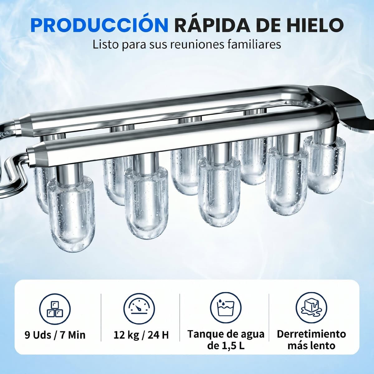 HOMCOM Máquina de Hielo, Máquina de Cubitos de Hielo Autolimpiable, 12 kg/24H, 9 Cubitos Listos en 7 Minutos, 2 Tamaños de Hielo, 1,5L Depósito, para Hogar, Cocina, Oficina, Bar, Azul — view 3