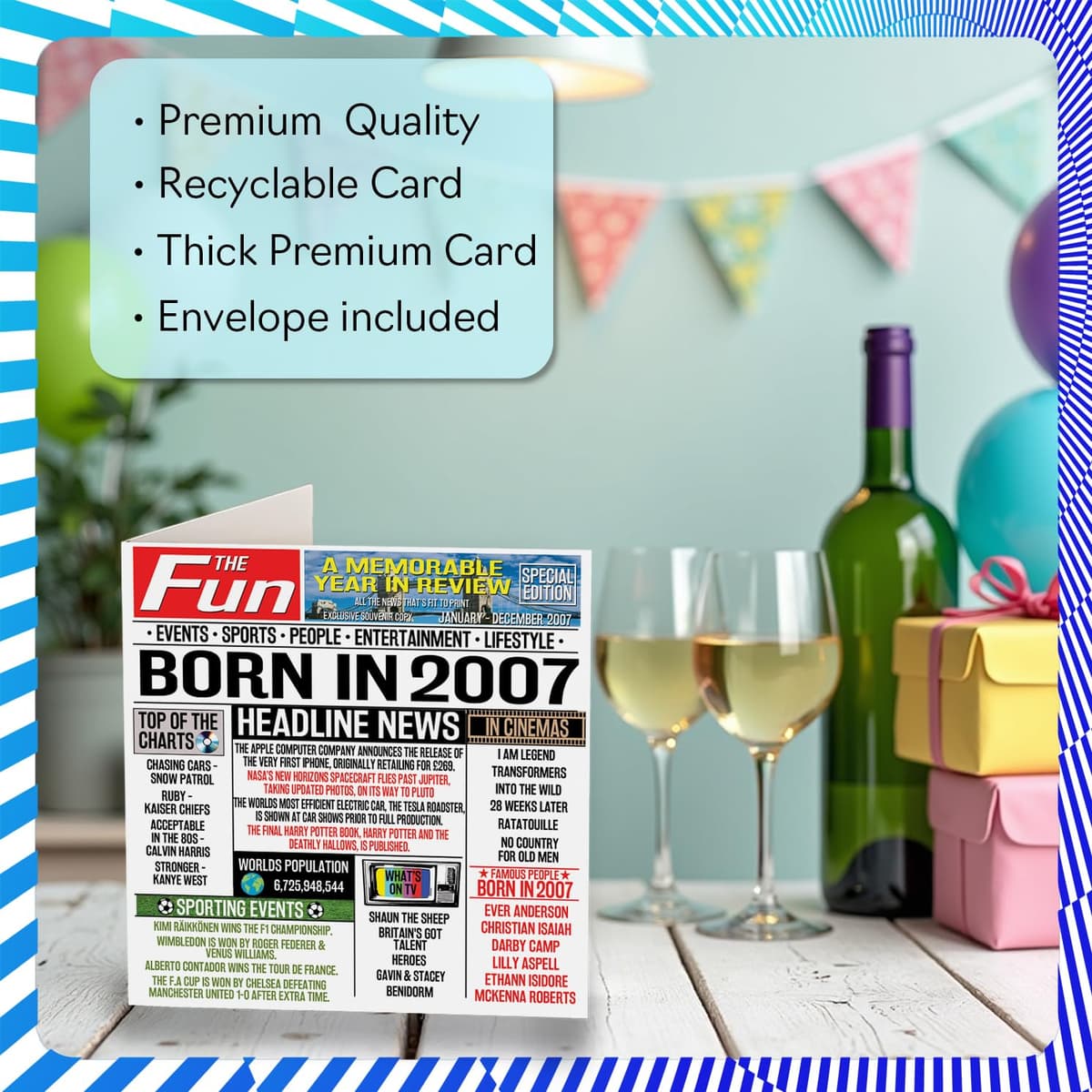 19th Birthday Cards for Men Women - Born In 2007 Newspaper - Happy 19 Birthday Card for Son Daughter Cousin Vintage Retro Back In 2007, 145mm Bday Greeting Cards — view 3