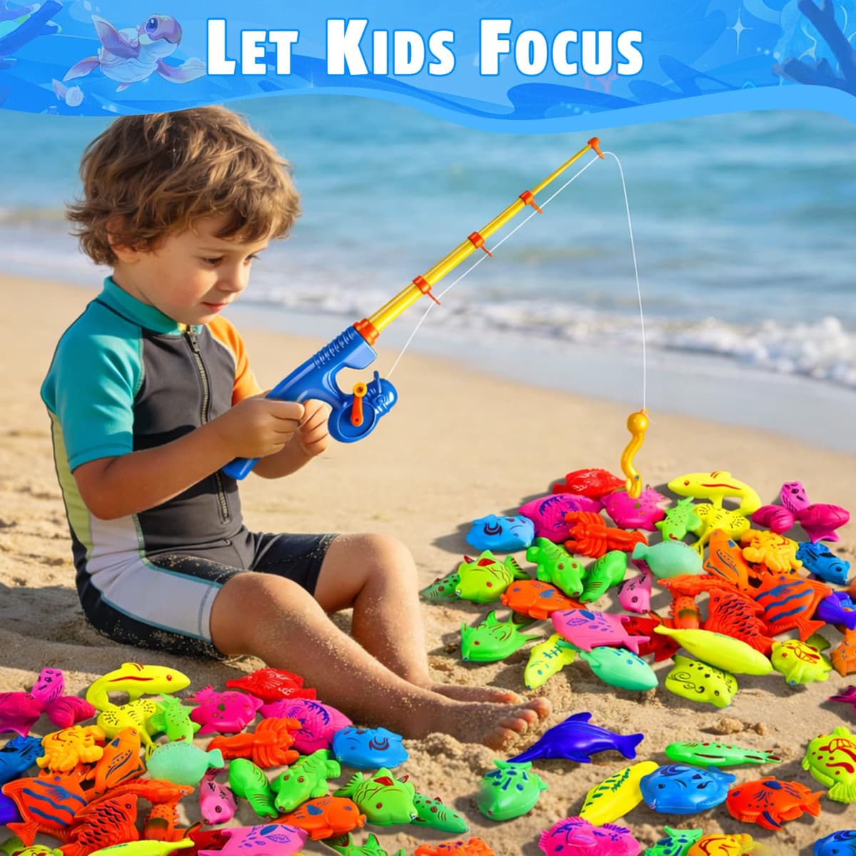 CozyBomB Magnetic Fishing Toys Game Set for Kids for Bath Time Pool Party with Pole Rod Net, Plastic Floating Fish - Toddler Education Teaching Christmas Birthday Gifts — view 5