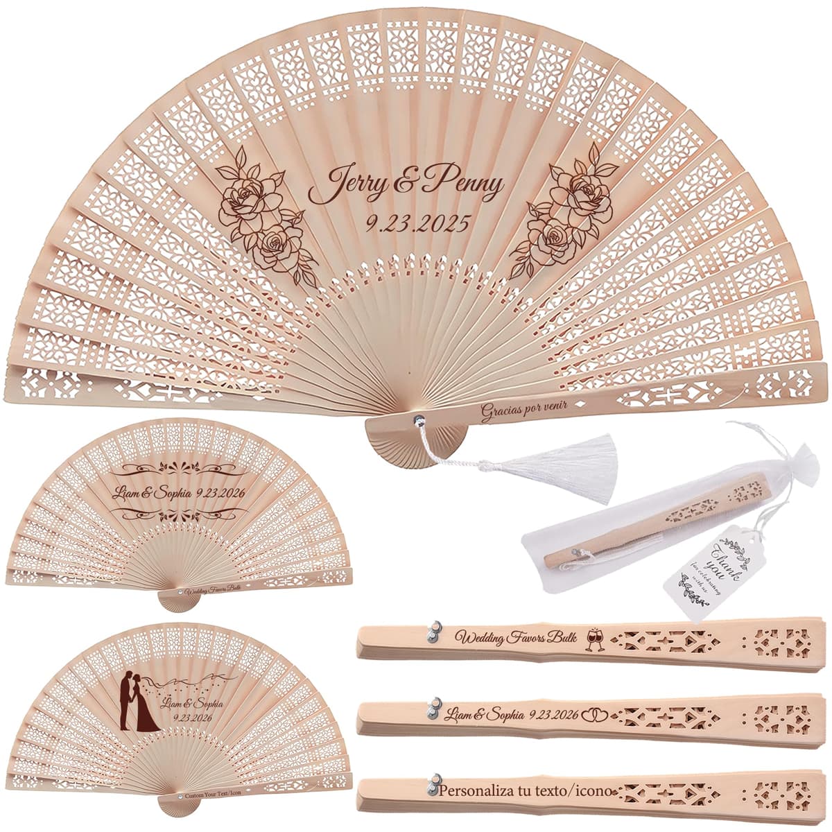 Abanicos Personalizados para Invitados de Boda, abanicos de Madera para Bodas con Texto/diseño Grabado, Paquete de abanicos Plegables con Bolsa de Organza y Borla, Eventos y decoración (20piezas)