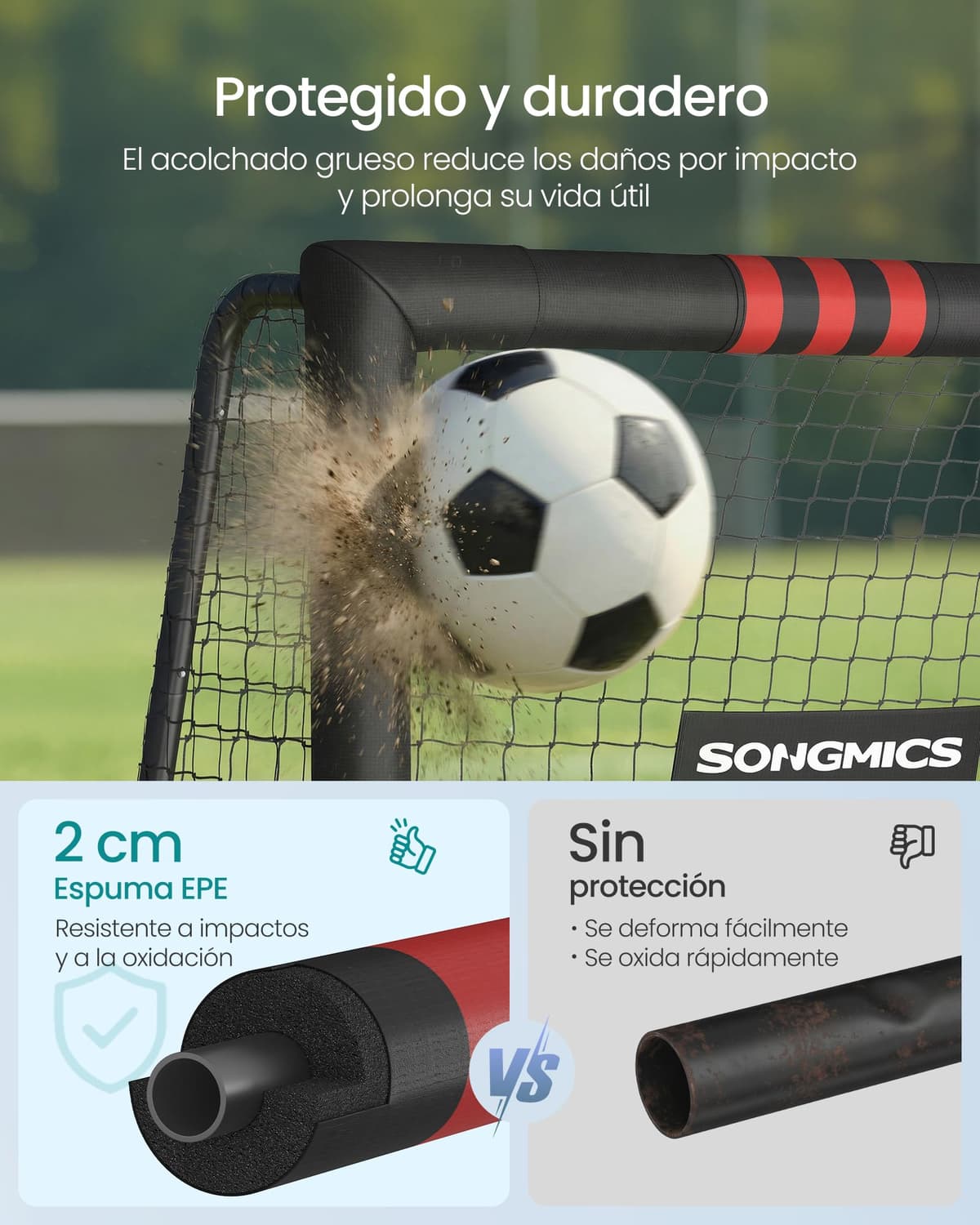 SONGMICS Portería de Fútbol, para Todas Las Edades, de Acero, Red de PE, para Exterior, Jardín, Playa, 85 x 240 x 160 cm, Revestida de Espuma, Negro SZQ240RZ02 — view 3