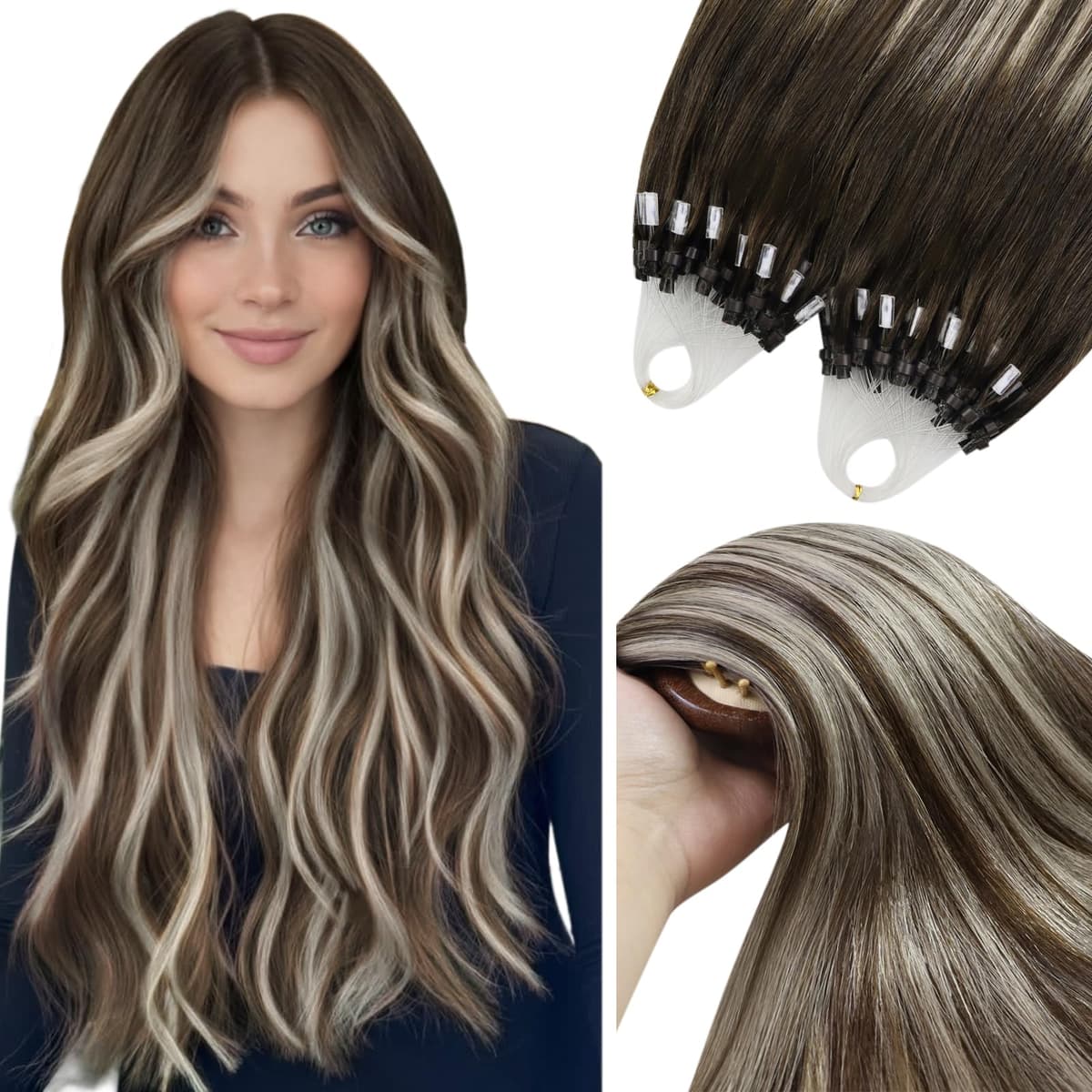 YoungSee Nano Hair Extensions Blonde 16inch Nano Beads Hair Extensions Warm Ash Blonde Highlight Bleach Blonde Nano Ring Hair Extension Highlight for School Soft Cold Fusion 50s 50g — view 54