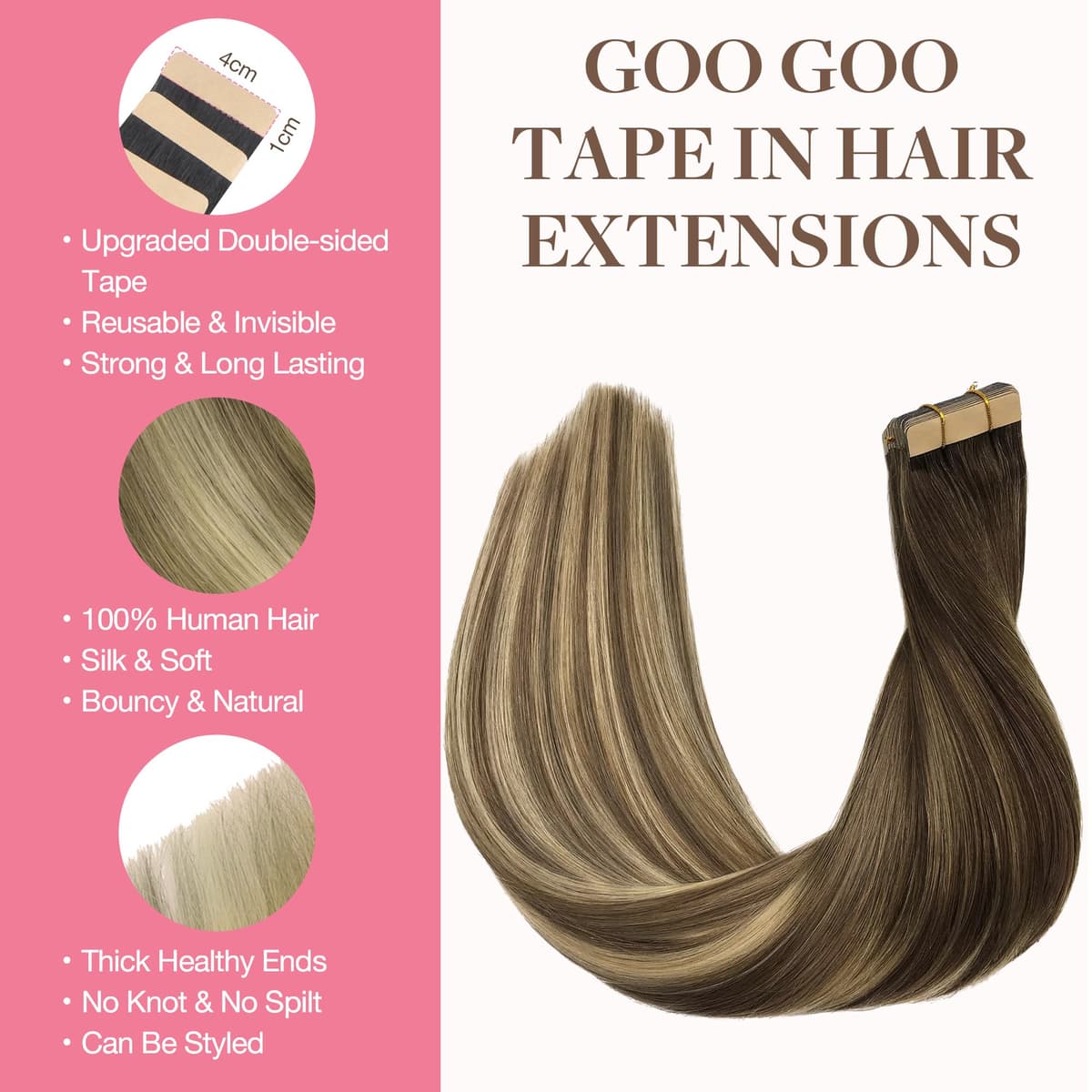 GOO GOO Tape in Hair Extensions human hair, tape Hair Extensions, 16inch 50g 20pcs, Human Hair Extensions, (T3/8)613 Blonde Ombre — view 2