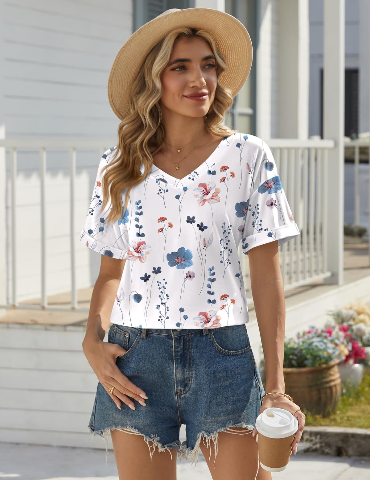 Zeagoo Camiseta básica de manga corta con cuello en V para mujer, para verano, informal, holgada, floral, blusa — view 3