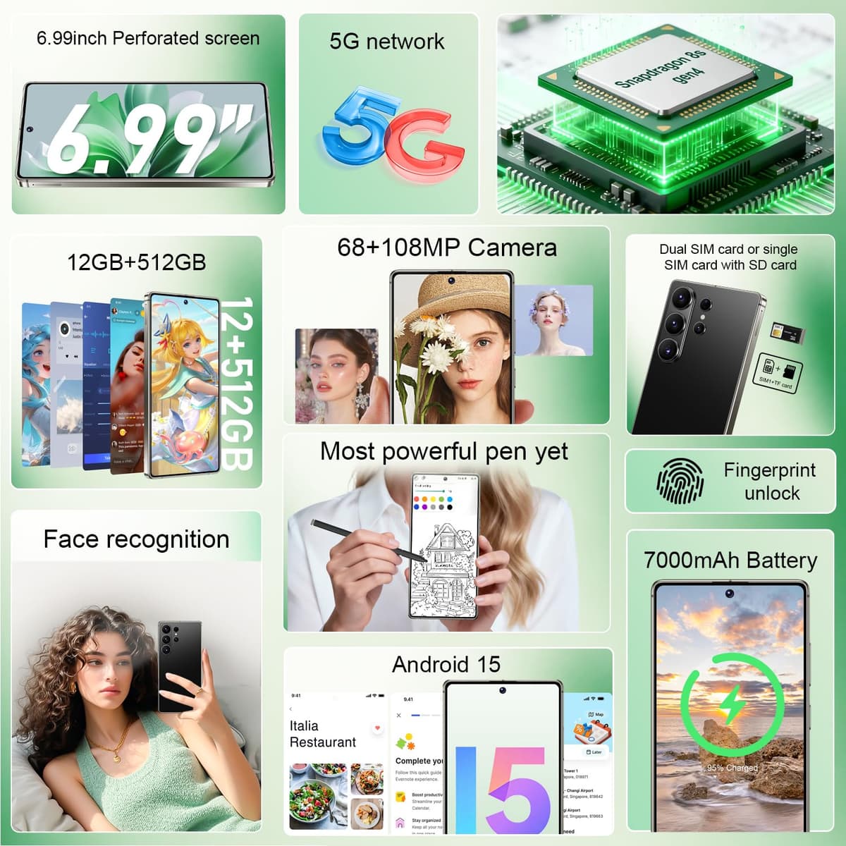 UZL I26 Ultra Unlocked Cell Phone, Built in Pen, Smartphone Battery 7000mAh, 6.99" HD Screen Unlocked Phones, 68MP+108MP, 12+512GB 5G The Phone Android 15, Face ID/Fingerprint Lock/GPS (Black) — view 2