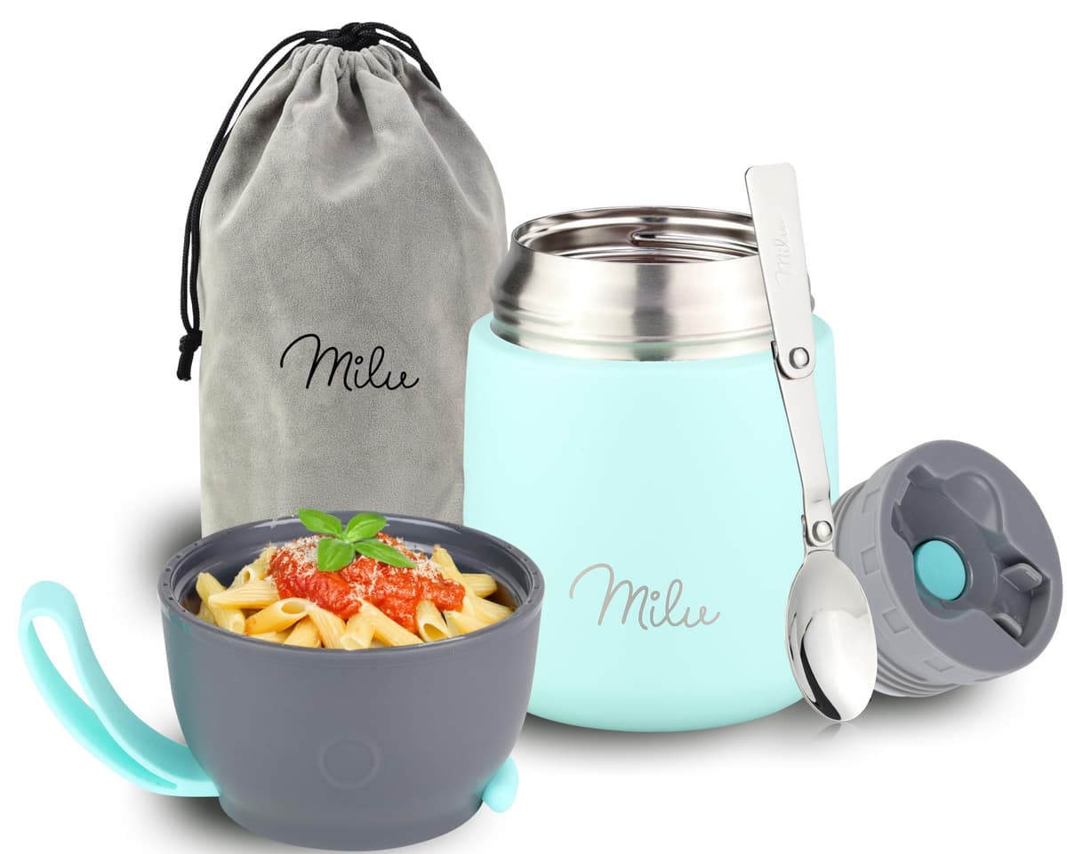 Milu Termo para Comida 450 ml Taza Aislada, Botella de Acero Inoxidable Aislada Alimentos, Beber y sopa de los niños de adultos Térmico (450ml/Verde Azul) — view 33