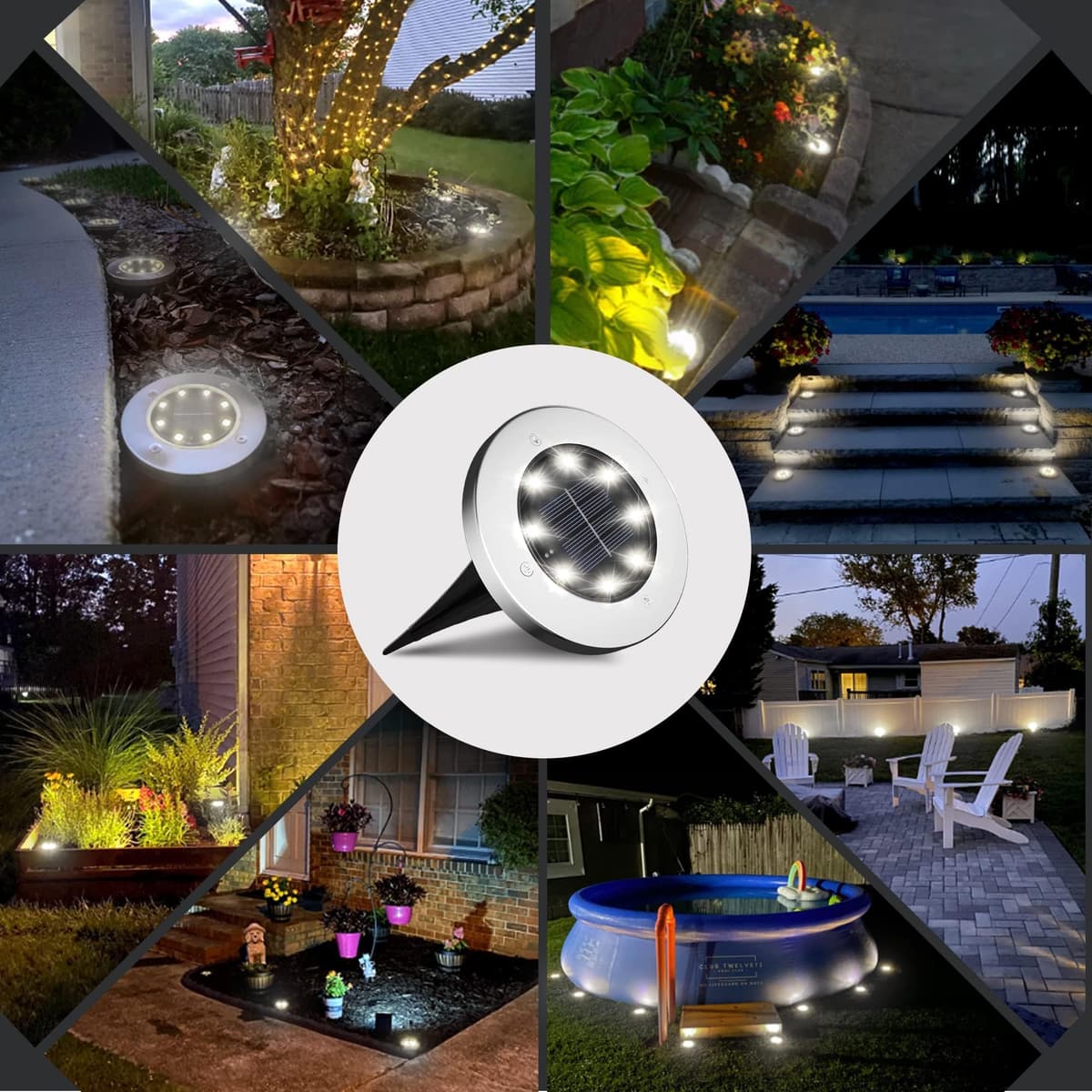 FLOWood Solar Lights Outdoor Garden, 8 H Working 600mAh Solar Floor Lights Outdoor Solar Ground Lights IP65 Waterproof 8 LED Solar Path Lights for Garden Lawn Pathway Patio White 8 Pieces — view 7
