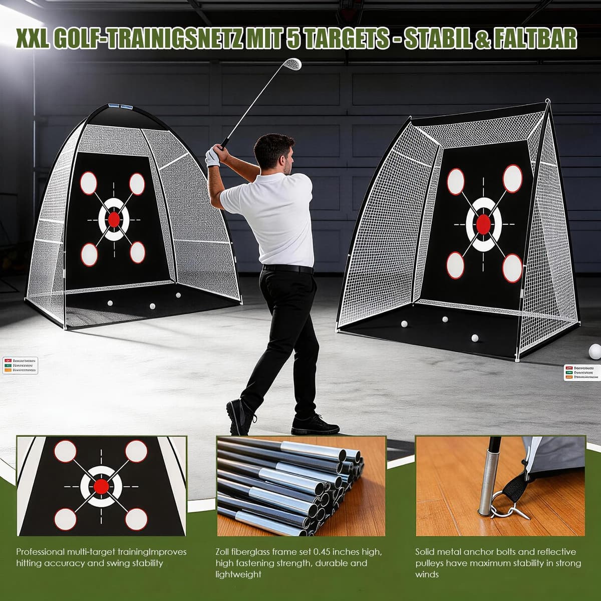 Red de prácticas de Golf con Alfombrilla, Kit de Entrenamiento portátil de 300x200cm con 3 Alfombrillas de golpeo, 10 Pelotas de Golf, Tees y Bolsa de Transporte para Uso en Interiores y Exteriores — view 3