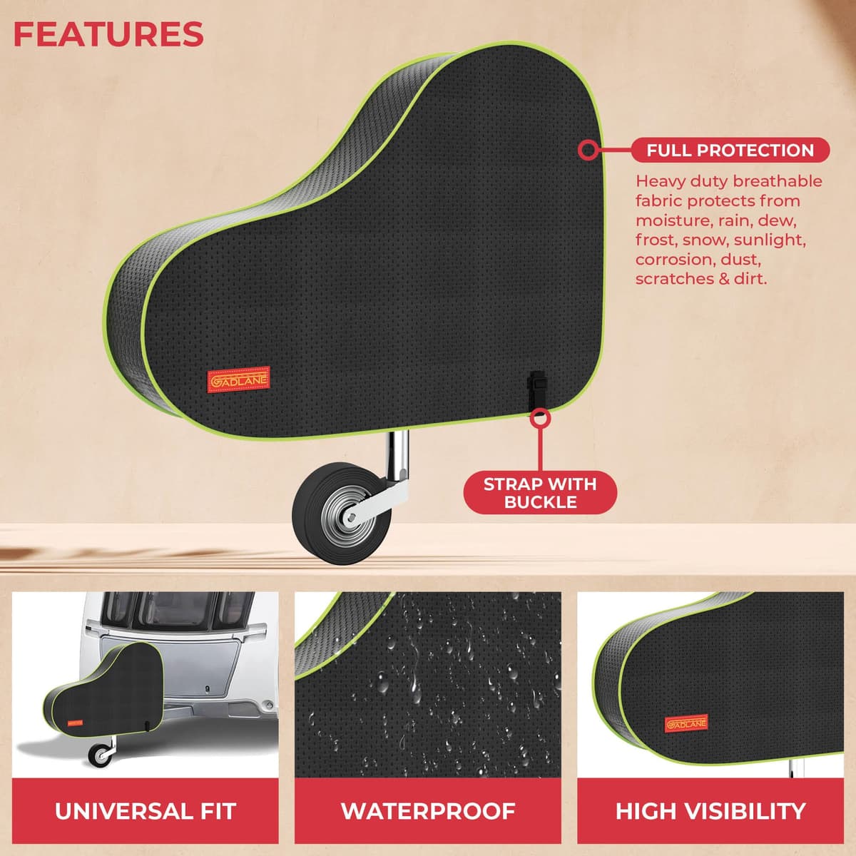 GADLANE Caravan Hitch Cover With Strap - Waterproof Tow Bar Cover, 62cm x 90cm, Heavy Duty Nylon With Green Fluorescent Strip, For Most Caravans/Motorhomes/Trailers (Black) — view 2