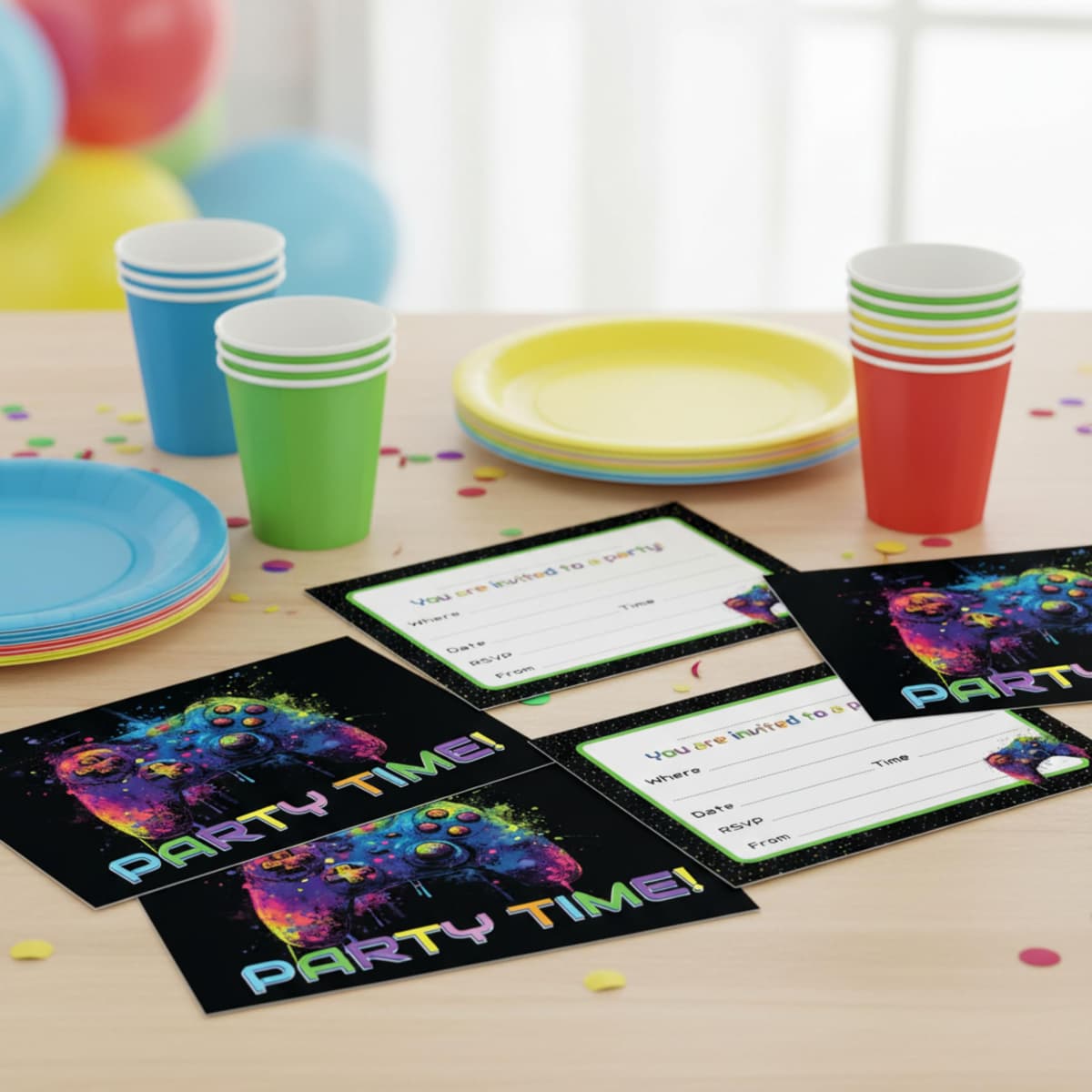 PartiKraft (Pack of 15) Bright Gamer Gaming Controller Birthday Party Invitations - Made in the UK (Invitations Only - No Envelopes) — view 2