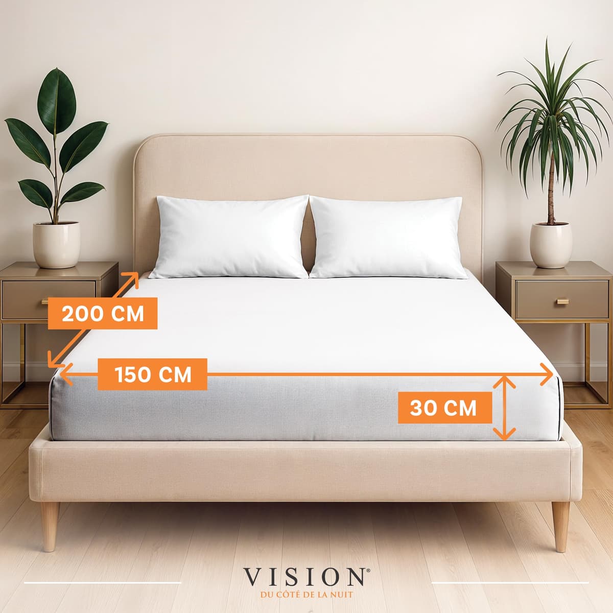 VISION Sábana Ajustable - 100% algodón - Cama Doble (150 x 200 cm) - Esquinas elásticas - Se Adapta a colchones de hasta 30 cm - Certificación Oeko-Tex - Lavable a máquina - Color: Blanco — view 2