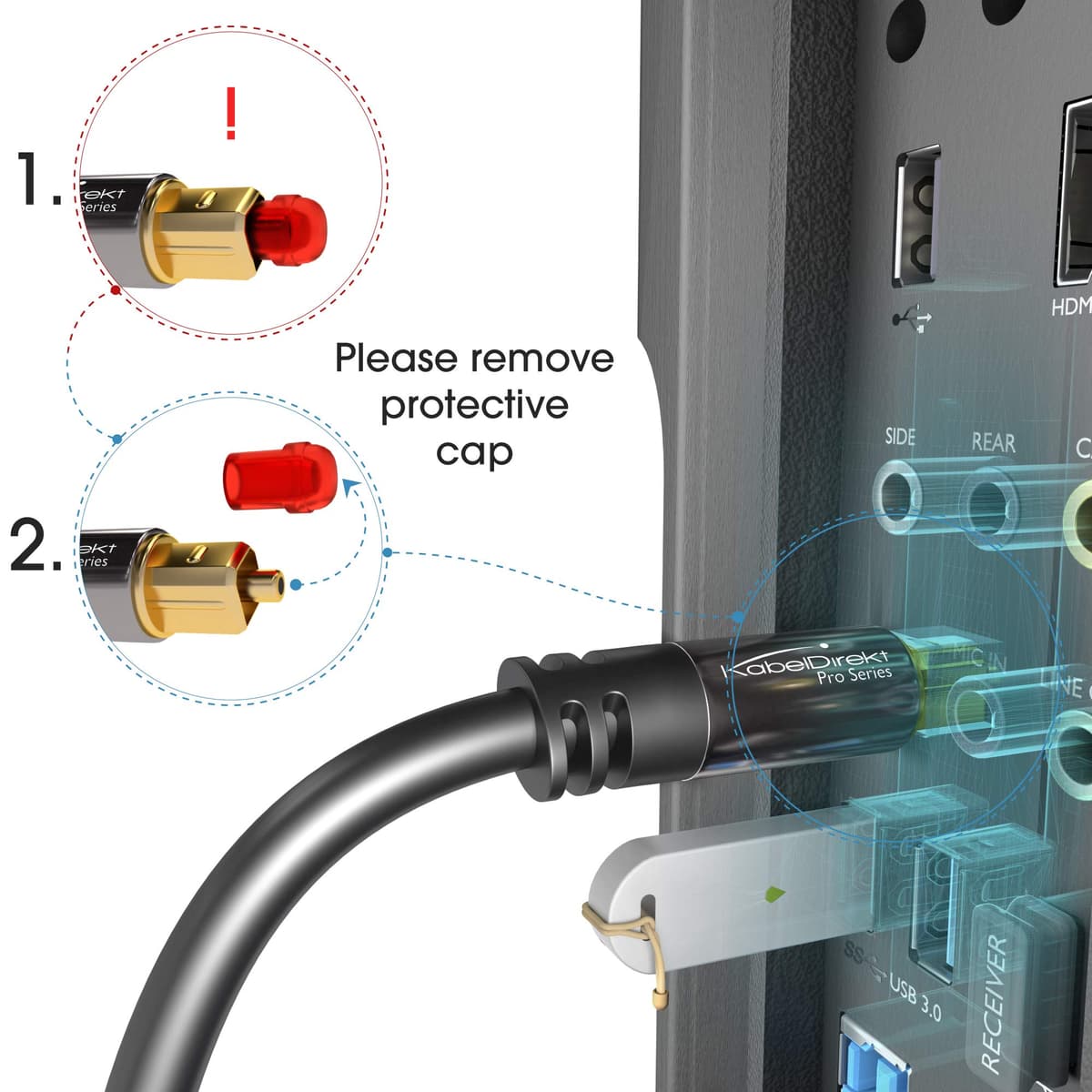 KabelDirekt – 2m Cable Óptico TOSLINK Audio (Stereo Dolby Digital normal, DTS, Conector Macho a Conector Macho, negro) — view 8