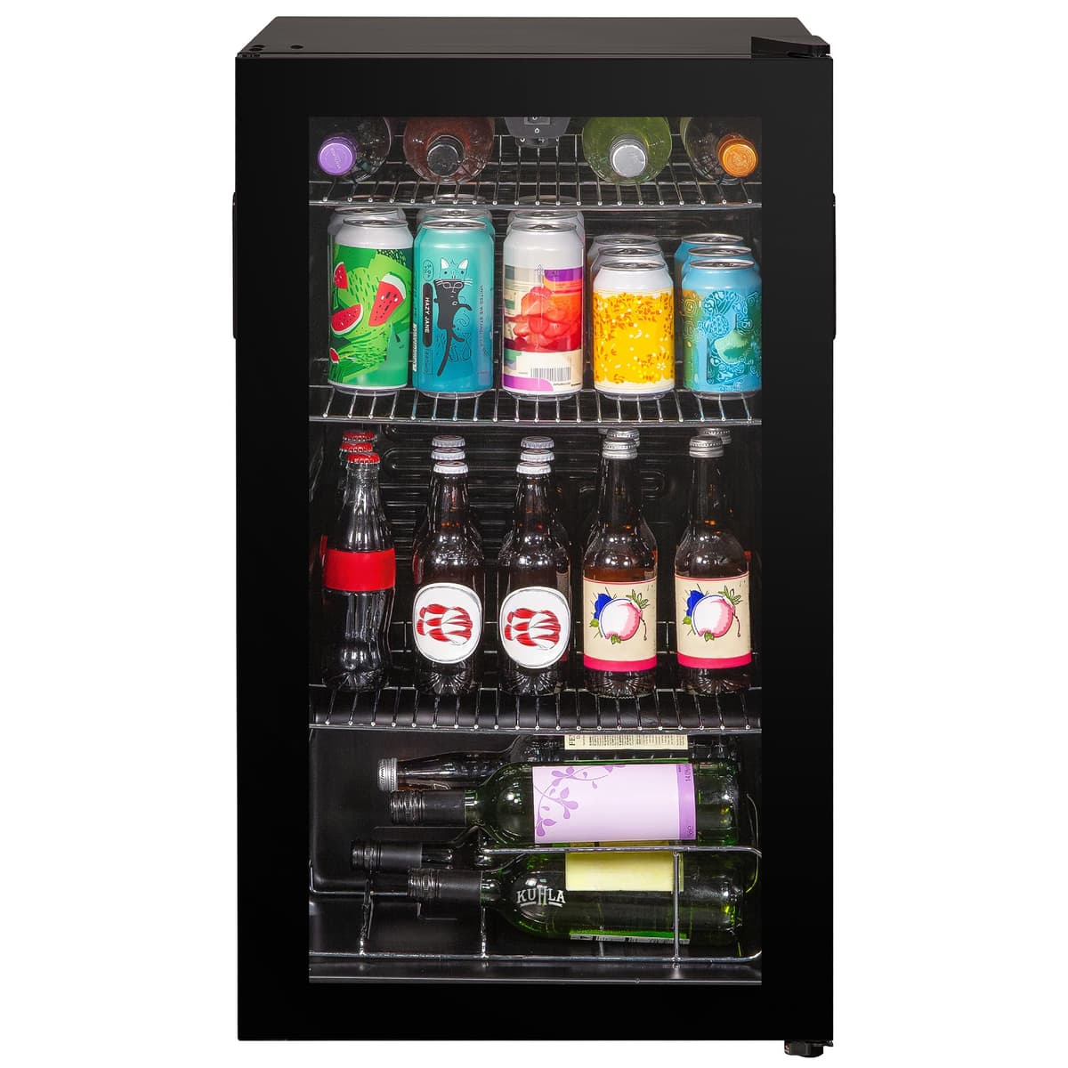 Mini Fridge 93 Litre Undercounter Freestanding Beverage/Drinks Wine Fridge for Beer in Black, LED Light, Drinks & Snacks Glass Door, 3 Adjustable Shelves, Energy Efficient, K48BC101B