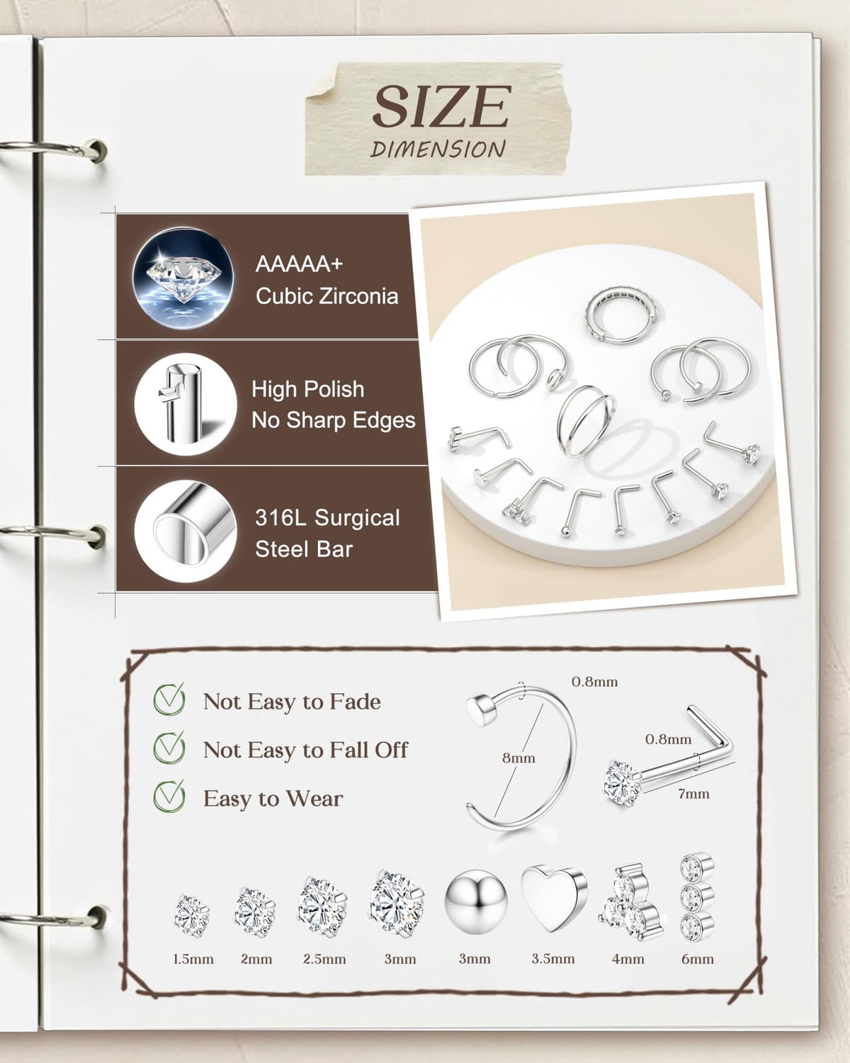 CASSIECA 14 Piezas 20G Piercing Nariz Acero Quirurgico Piercing Forma de L Nariz Studs Piercing Nariz Aro Hipoalergénico Anillos de Nariz Plata Oro Mujer Hombre Joyeria Piercing — view 2