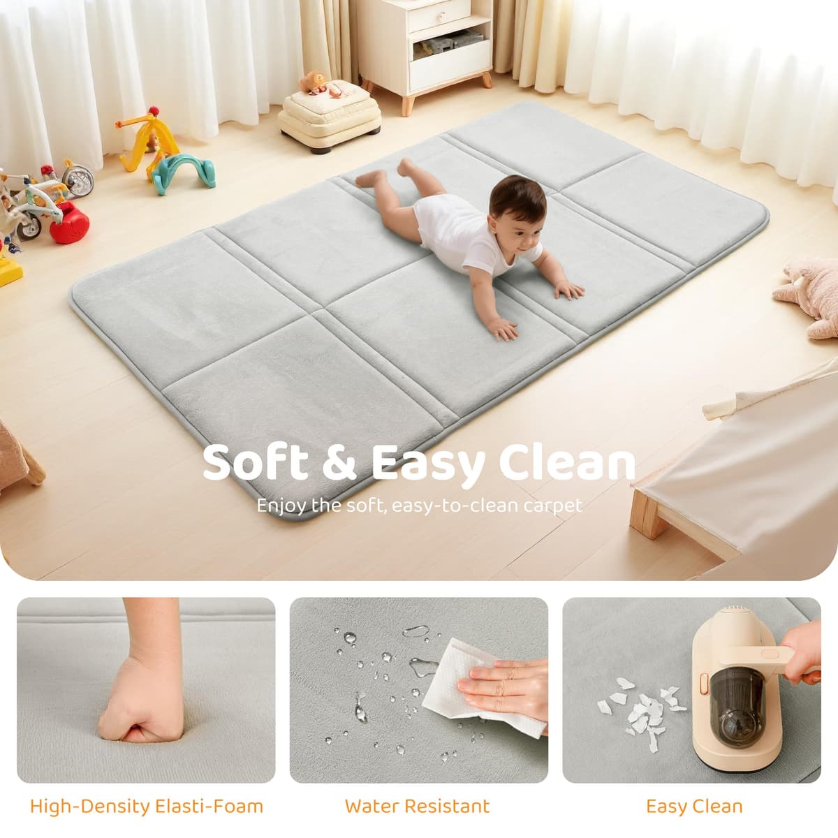 BYBYME 3cm Thick Baby Play Mat for Floor, 80 * 150cm Foldable Playpen Mat with Non-Slip Backing for Infant, Kids and Toddler Crawling, and Perfect Carpets for Yoga, Exercise, Grey — view 3