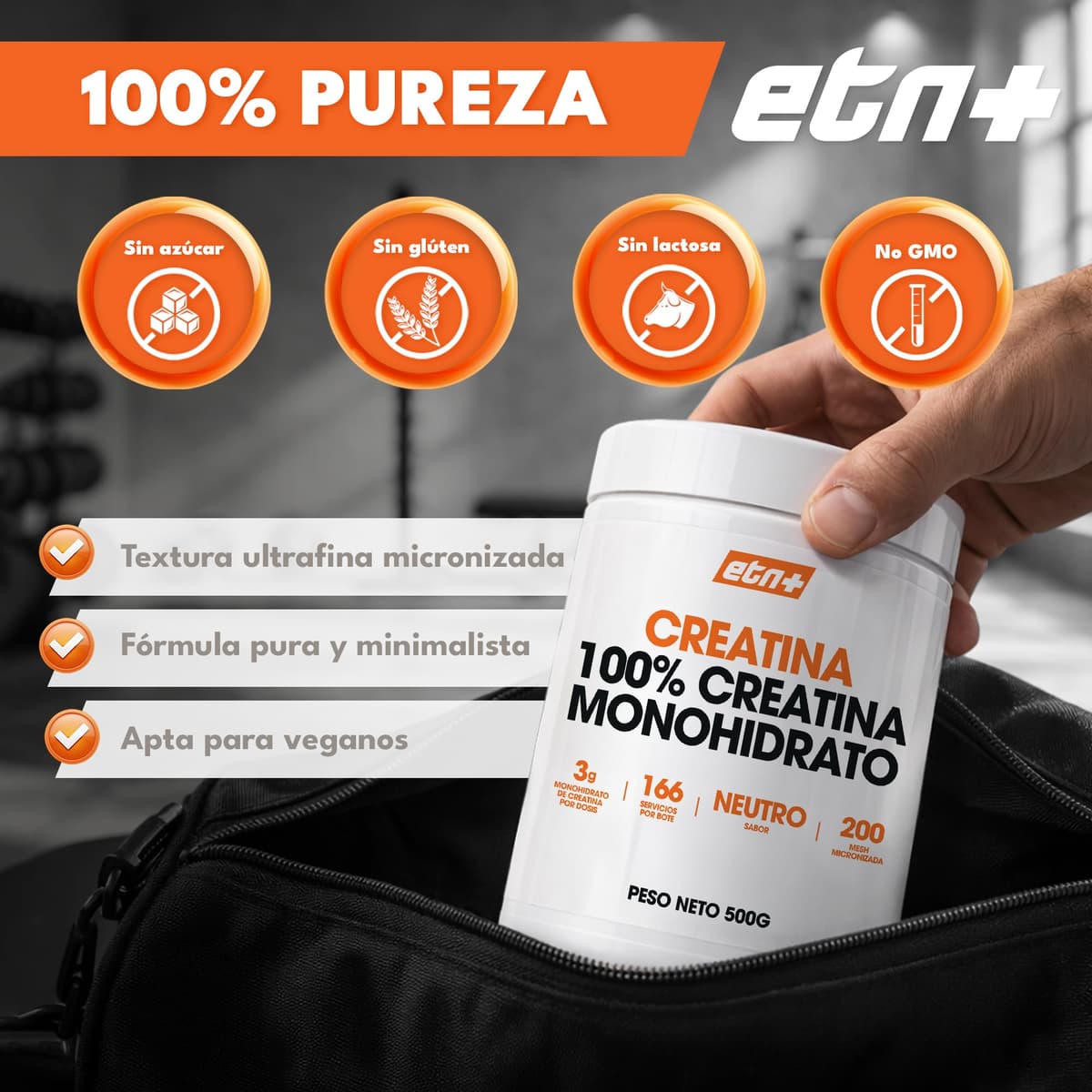ETN+ Creatina Monohidrato 100% Micronizada 500 g | Creatina Pura 200 Mesh | 3 g por Dosis 166 Servicios| Vegana Sin Gluten Sin Azucar | Incluye Dosificador | Sin Sabor — view 2