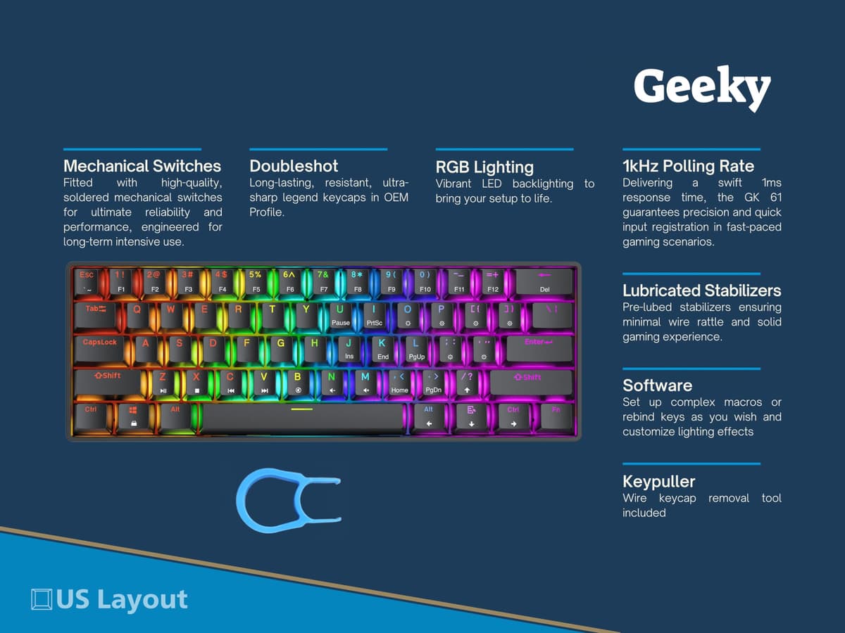 Geeky GK61 SE 60% | Mechanical Gaming Keyboard | 61 Keys Multi Color RGB LED Backlit for PC/Mac Gamer | ANSI US American Layout (Black, Mechanical Speed Silver) — view 2