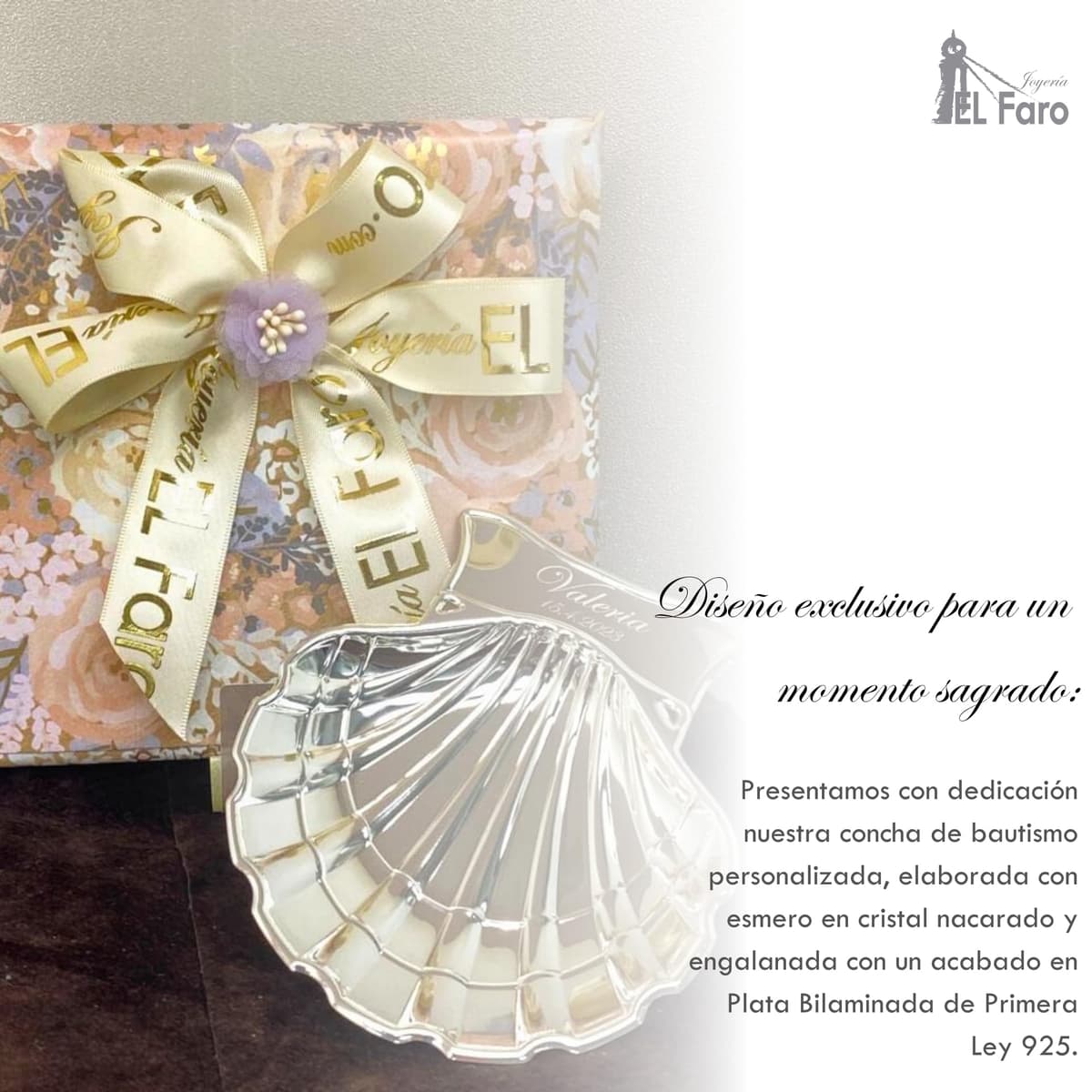 JOYERIA EL FARO | Concha bautismal | Concha bautismal grabada | Grabado personalizado | Presentación en estuche premium | Un regalo para toda la vida (Modelo 2) — view 3