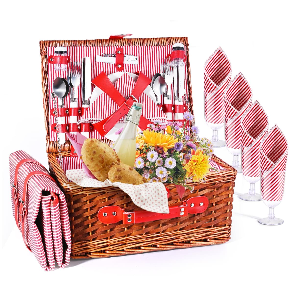 Cesta Picnic 4 Personas,Set de Picnic de Mimbre con Manta de Picnic Impermeable y Juego de Cubiertos, Cesta de Picnic para Camping,Rosa