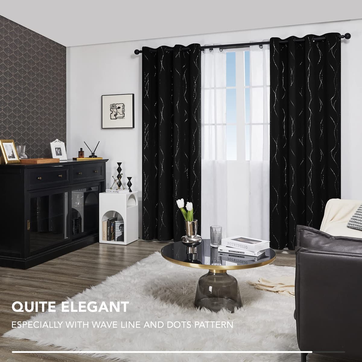 Deconovo Bedroom Curtains Dotted Line Foil Printed Thermal Insulated Window Treatment Eyelet Blackout Curtains for Livingroom 46 x 54 Inch Black Two Panels — view 4