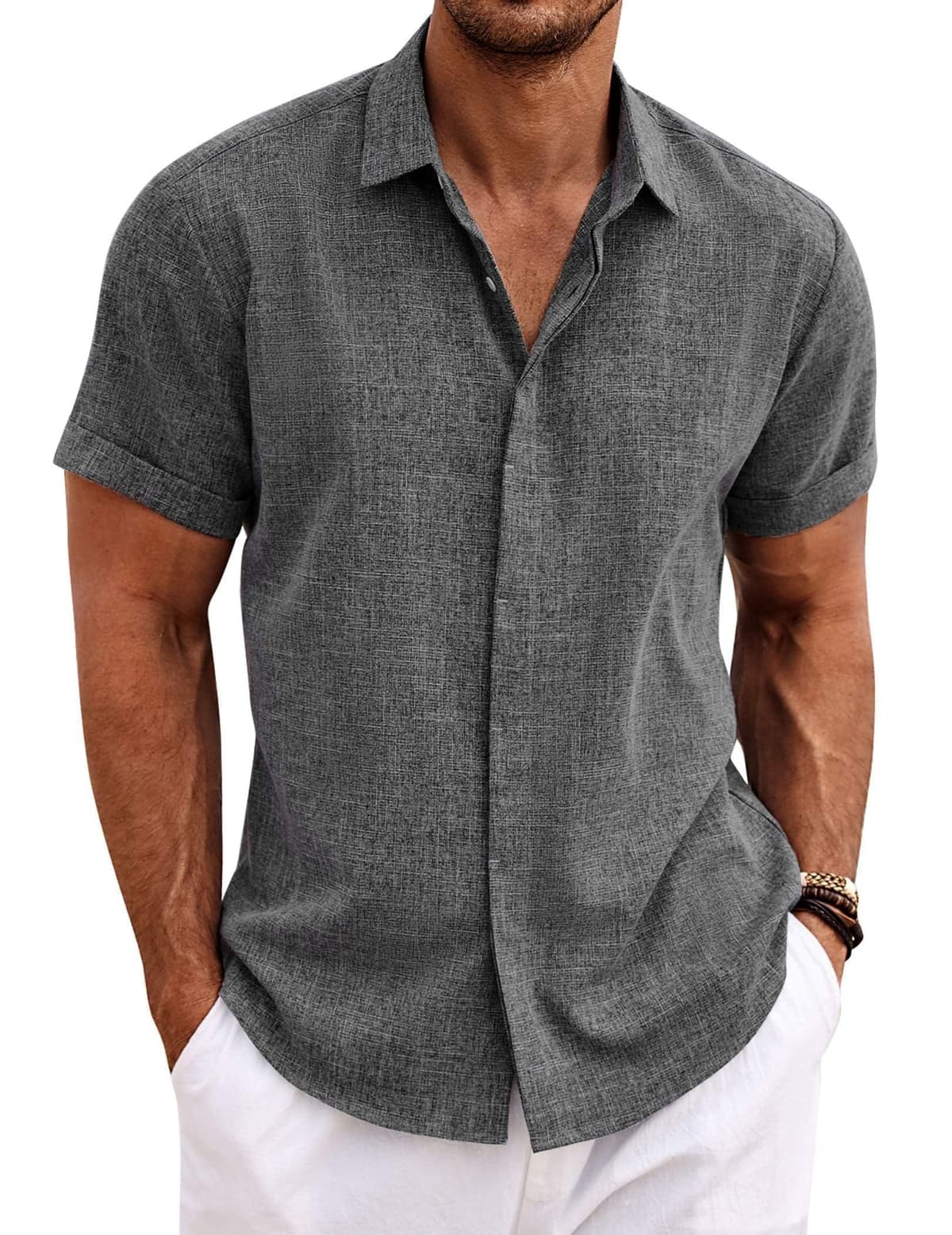 COOFANDY Men's Linen Shirts Short Sleeve Casual Shirts Button Down Shirt for Men Beach Summer Wedding Shirt — view 11