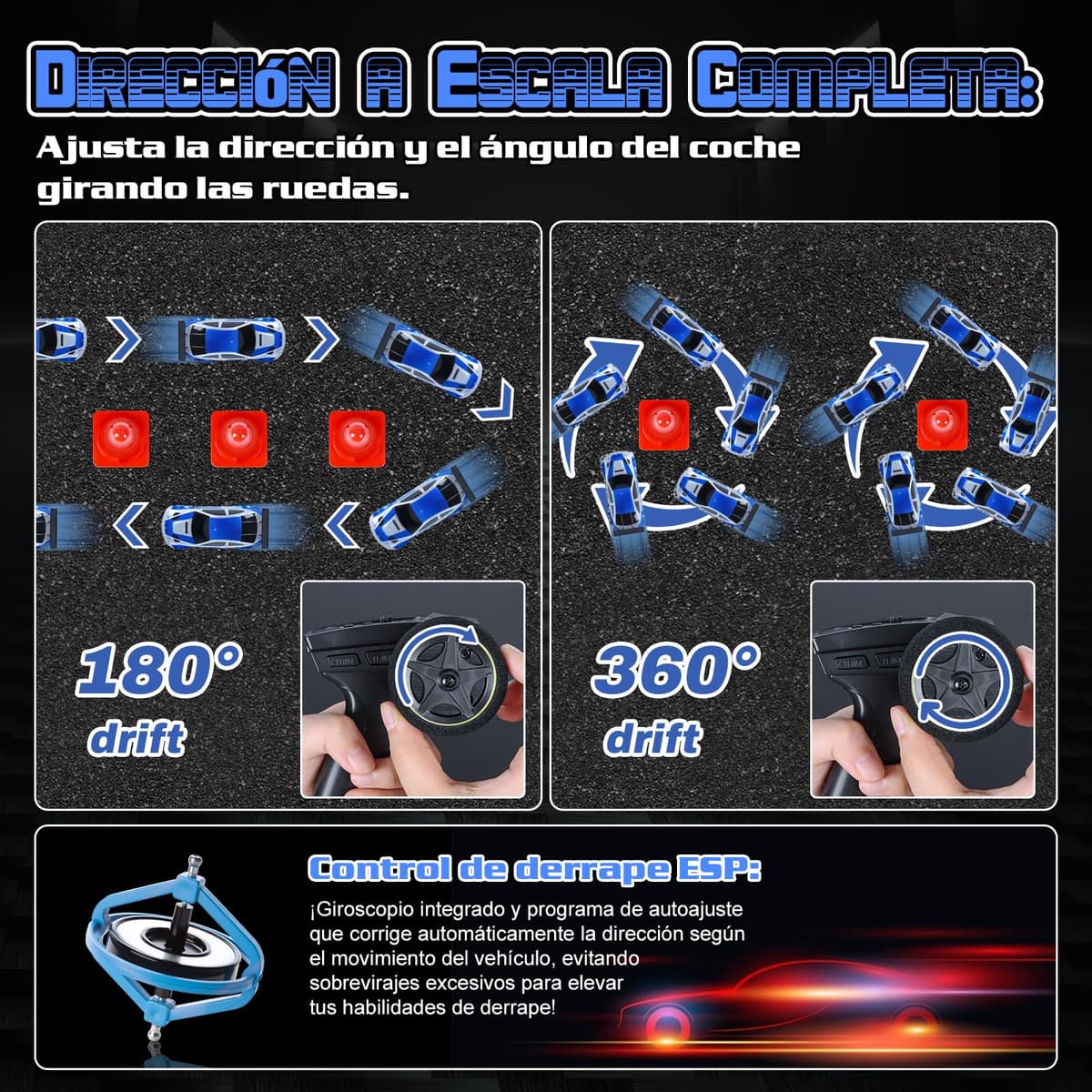 JONRRYIN Coche Teledirigido Drift Pro, 1:43 Mini Drift RC Car, 4WD Car Radiocontrol con Giroscopios y Luces LED, 15km/h, Coche Teledirigido de Juguete para Niños de 14+ Años (Azul Pro-Gyro) — view 5