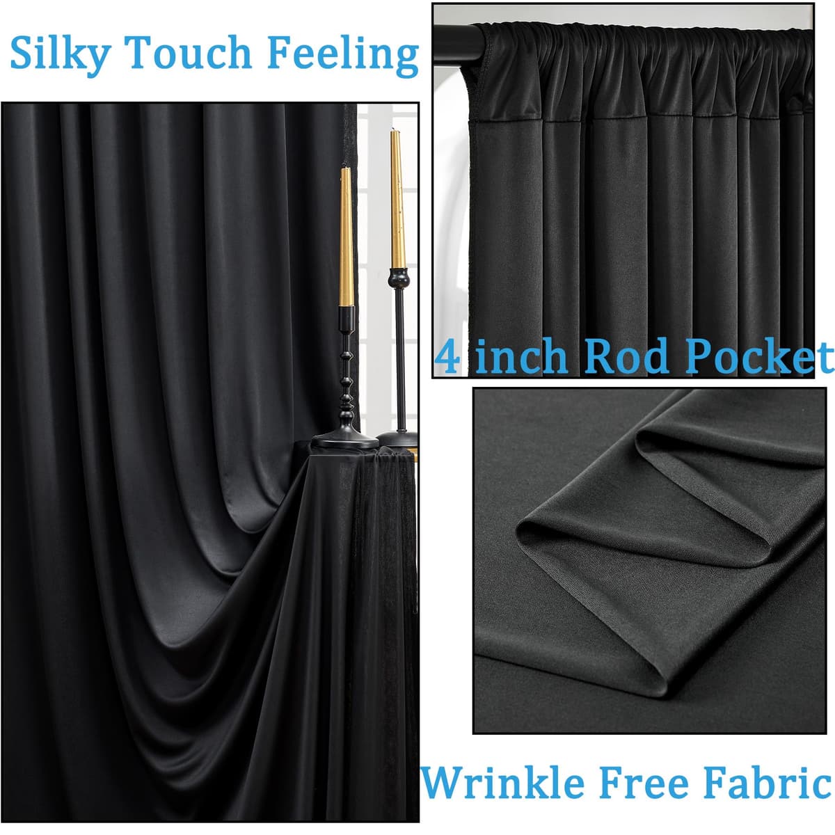 20ft x 10ft Wrinkle Free Black Backdrop Curtains for Parties, 4 Panels 5x10ft Silky Polyester Black Photo Backdrop Drapes for Wedding Graduation Birthday Party Photography Background — view 2