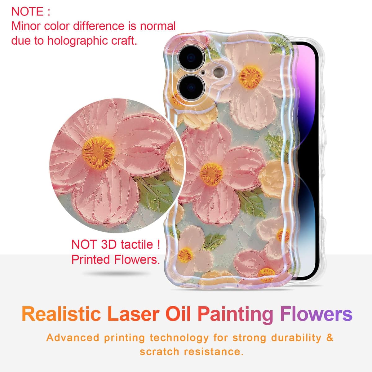 EYZUTAK Case for iPhone 16, Colorful Retro Oil Painting Printed Flower Laser Glossy Pattern Cute Curly Wave Edge Exquisite Phone Cover Stylish Durable TPU Protective Case for Girl Women-Green — view 2