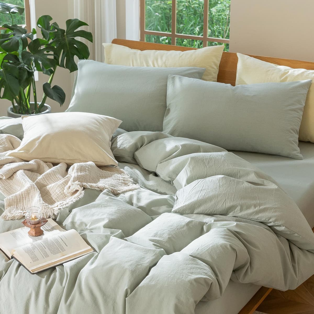 MooMee Bedding Duvet Cover Set 100% Washed Cotton Linen Like Textured Breathable Durable Soft Comfy (Tannish Linen Grey, King) — view 162