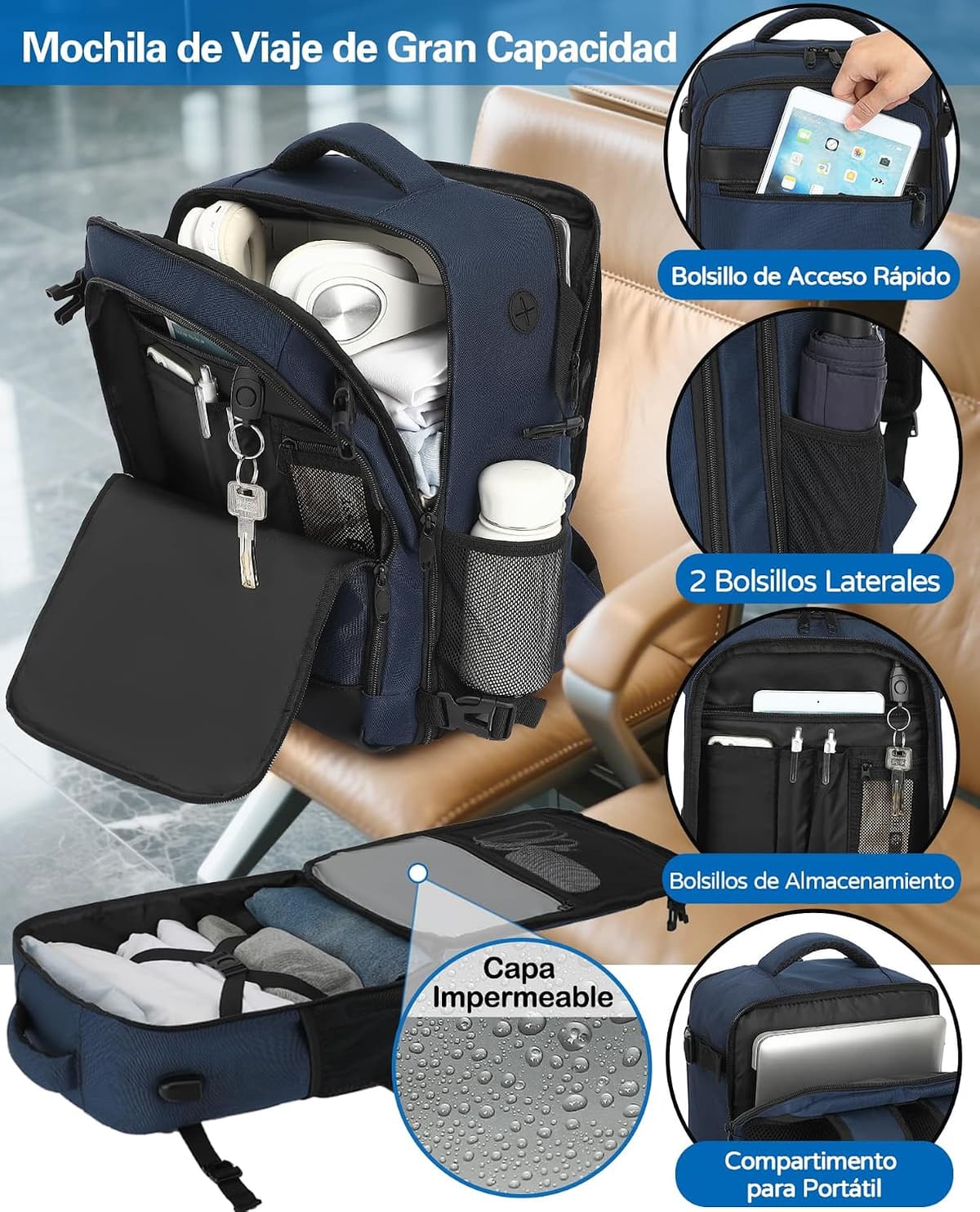 KLOSTAIN Backpack Travel Cabin Airplane for Ryanair Backpack Cabin Hand Luggage Bag Travel Work School for Men Women, dark bl — view 3