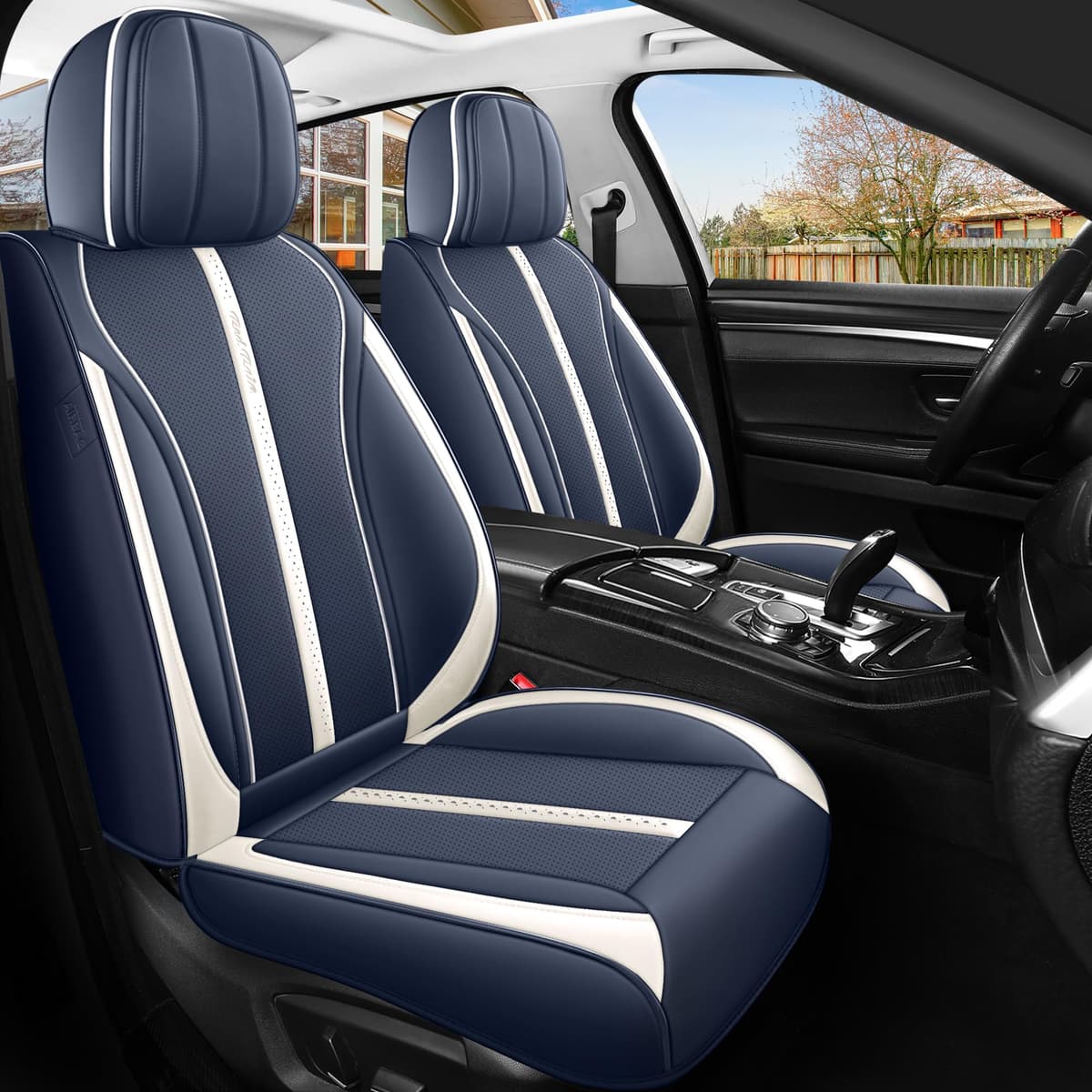 Full Coverage Blue Car Seat Covers Universal Seat Covers Leather Auto Seat Cushion Covers (R-Blue+White)