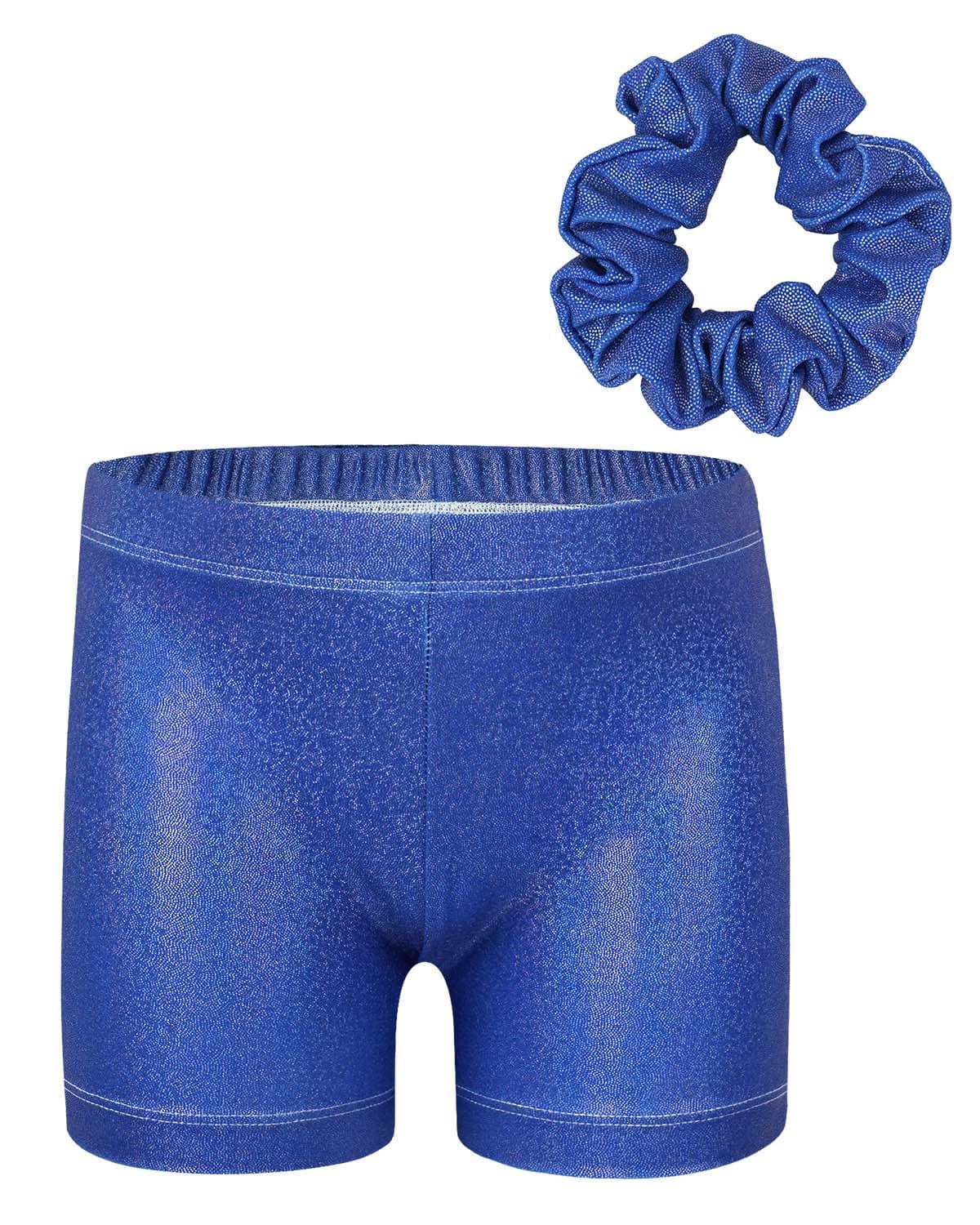 Gogokids Conjunto de gimnasia de tres piezas para niña, cuello en Y, sin mangas, con pantalones cortos y diadema, traje de gimnasia con diseño de bloques de color azul y morado, 3-12 años — view 2