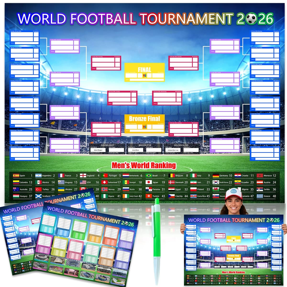 2PCS World Cup Football 2026 interactive Foldable Poster Handwritten Watercolor Pen Team Information and World Cup Football Match Schedule Chart Bedroom Gymnasium Wall Display Fan Poster Gift 58x42cm