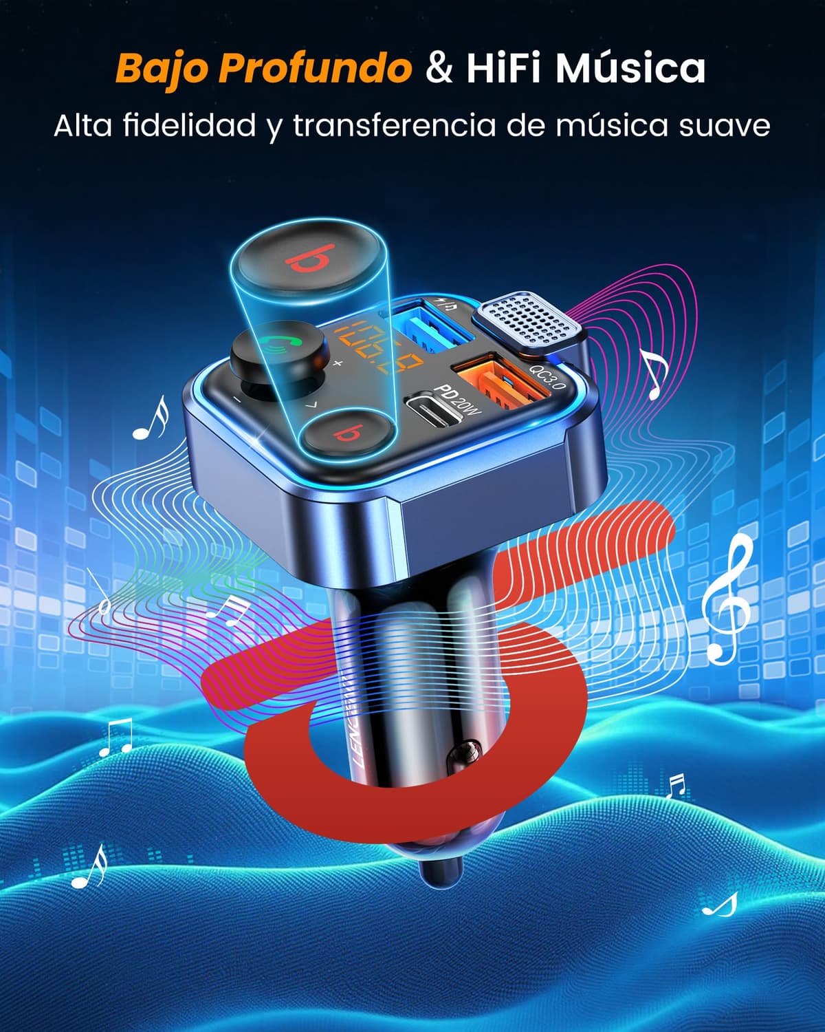 LENCENT Transmisor FM Bluetooth 5.3,Manos Libres Reproductor Música Coche, Deep Bass Sonido Hi-Fi, Adaptador Radio Bluetooth 2 USB+Tipo C 20W Carga Rápida, Soporte Memoria USB — view 3