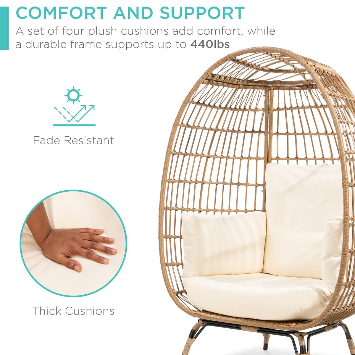 Best Choice Products Wicker Egg Chair, Oversized Indoor Outdoor Lounger for Patio, Backyard, Living Room w/ 4 Cushions, Steel Frame, 440lb Capacity - Ivory — view 7