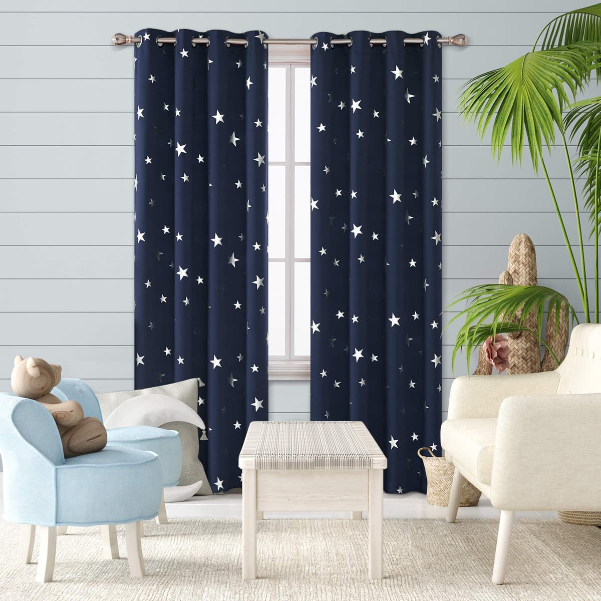 Deconovo Bedroom Space Curtains Thermal Insulated Eyelet Blackout Curtains for Living Room 52 x 54 Inch Drop Navy Blue 1 Pair — view 2