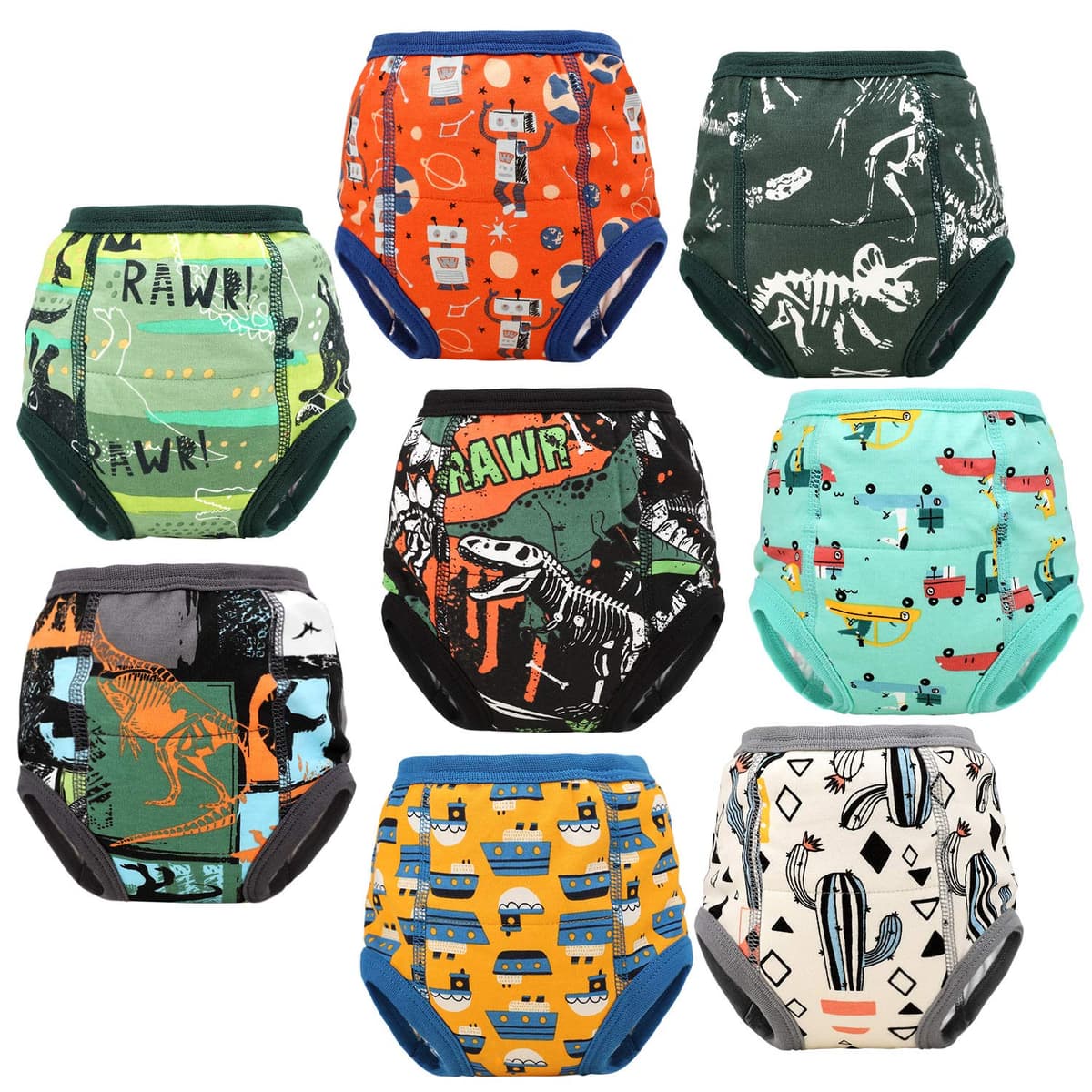 FLYISH DIRECT Potty Training Pants for Boys, Reusable Training Pants for Toddlers, 8 Packs of Absorbent Potty Underwear for Daytime Toilet Training, Green Dinosaur, 3 Years