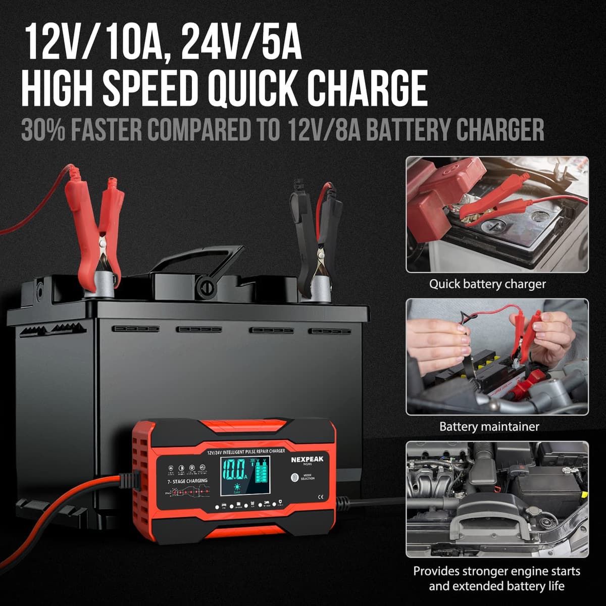 10-Amp Car Battery Charger, 12V and 24V Smart Fully Automatic Battery Charger with Temperature Compensation for Car Truck Motorcycle Marine Lead Acid Batteries — view 2