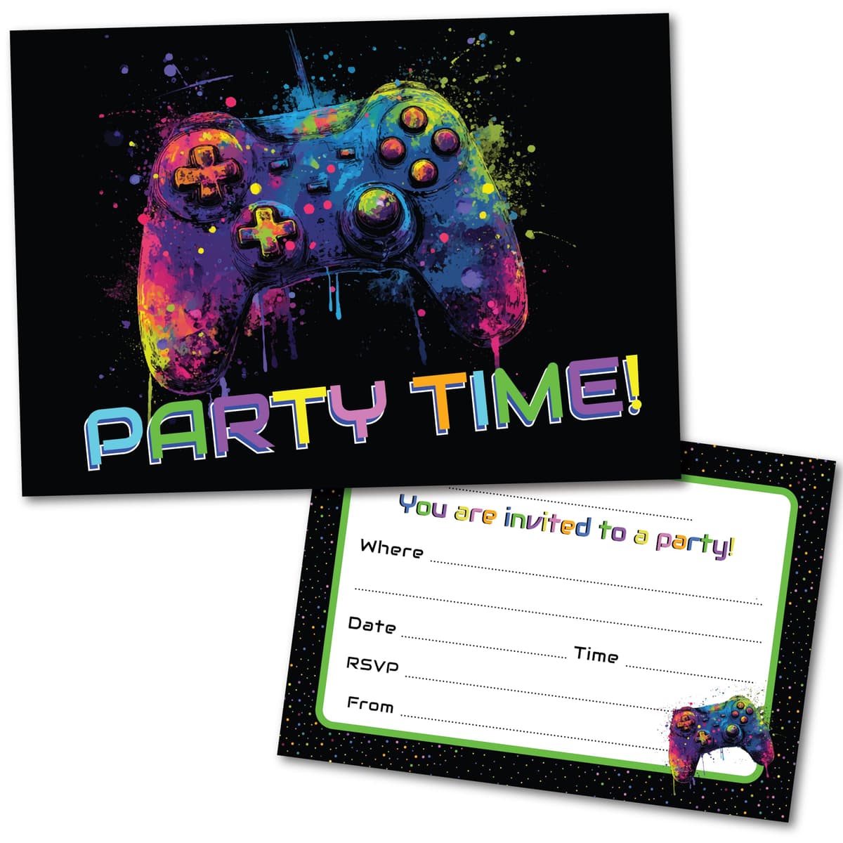 PartiKraft (Pack of 15) Bright Gamer Gaming Controller Birthday Party Invitations - Made in the UK (Invitations Only - No Envelopes)