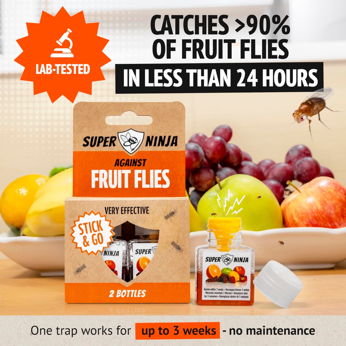 Super Ninja Fruit Fly Trap - 2 pack, Highly Effective Fruit Fly Killer for Home & Kitchen, Up to 3 Weeks of Performance per Bottle, Child & Pet Friendly — view 2